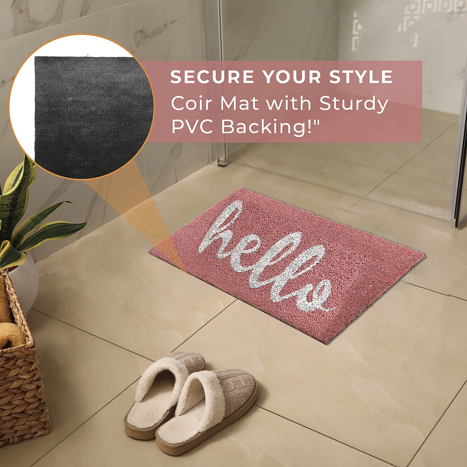 HELLO Print Backed Coir Natural Printed Rug and Door Mat (Size 60x40 cm) - Mauve - White