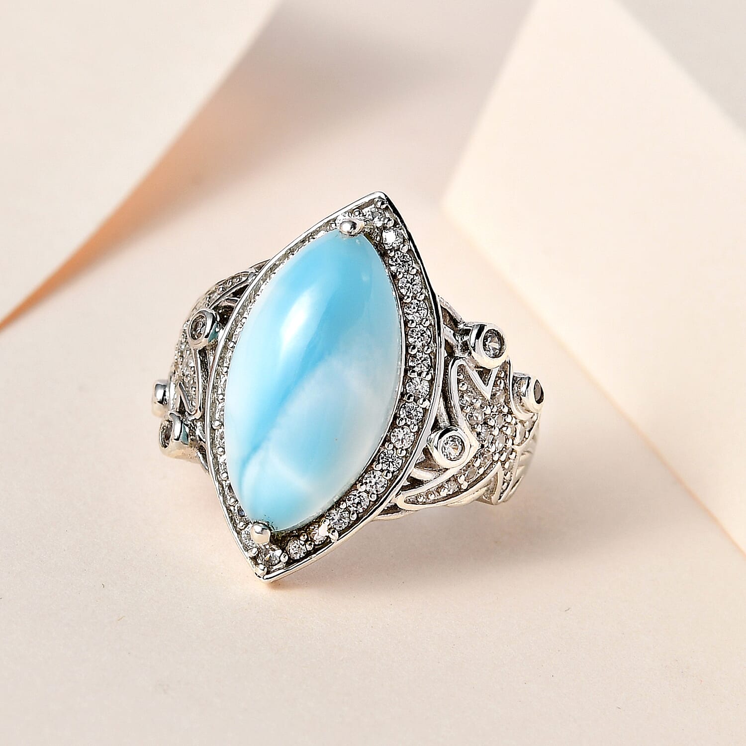 The Star Of Atlantis - Larimar and Natural Zircon Ring in Platinum Overlay Sterling Silver 7.00 Ct