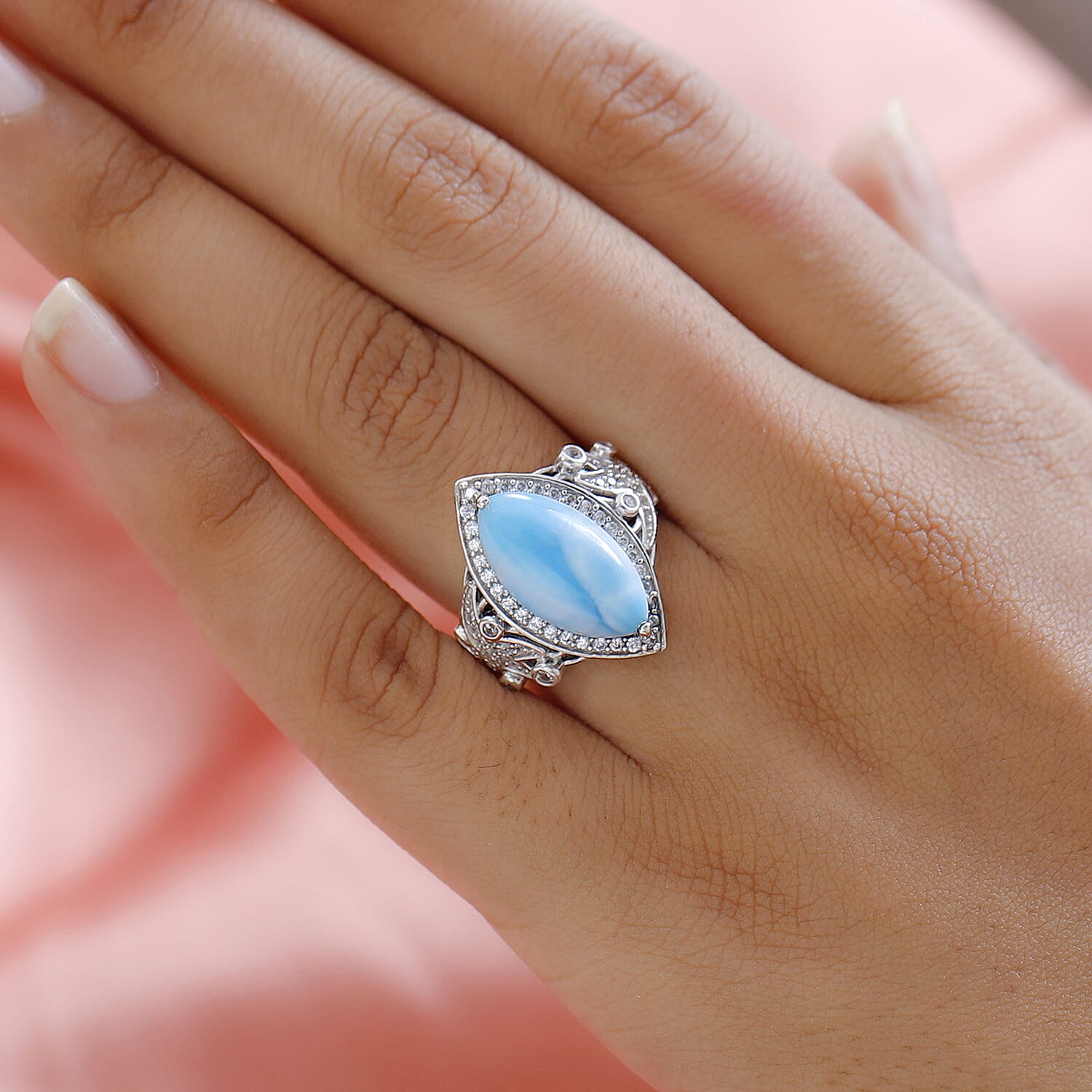 The Star Of Atlantis - Larimar and Natural Zircon Ring in Platinum Overlay  Sterling Silver 7.00 Ct