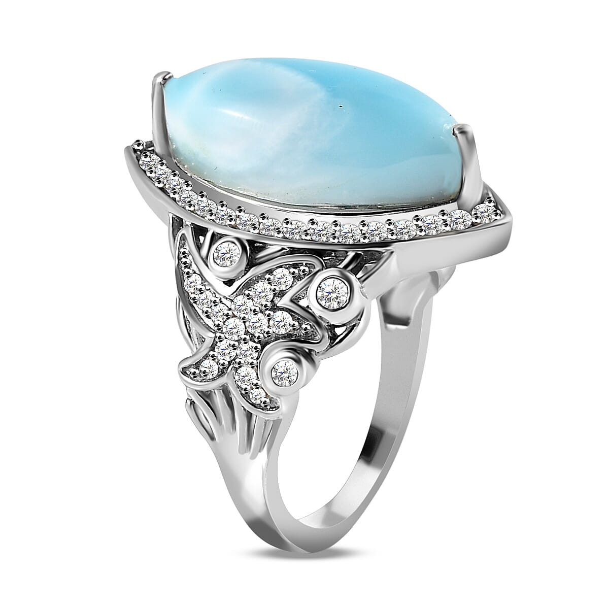 The Star Of Atlantis - Larimar and Natural Zircon Ring in Platinum Overlay  Sterling Silver 7.00 Ct