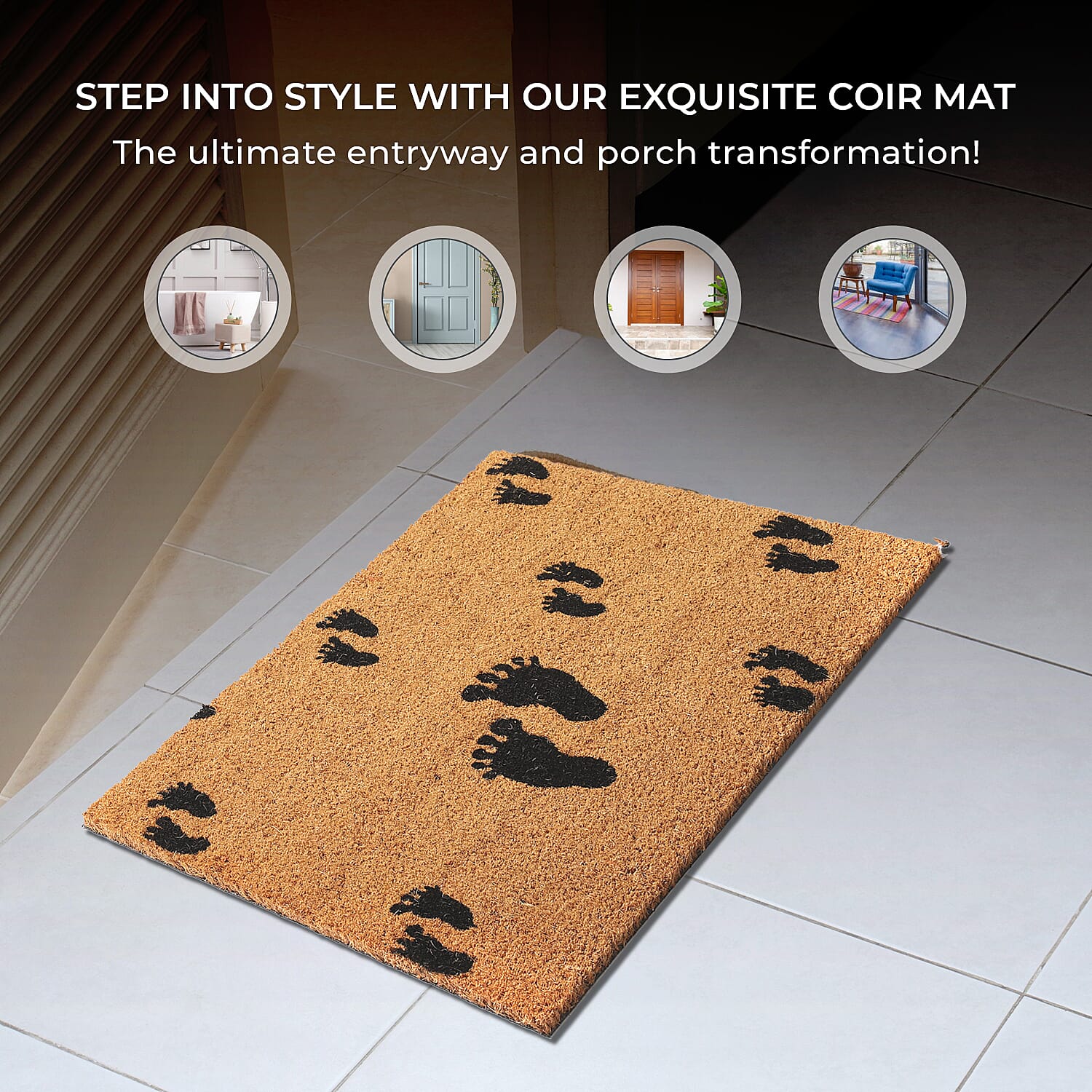 Feet Design Backed Coir Natural Printed Rug and Door Mat (Size 60x40 cm) - Brown - Black
