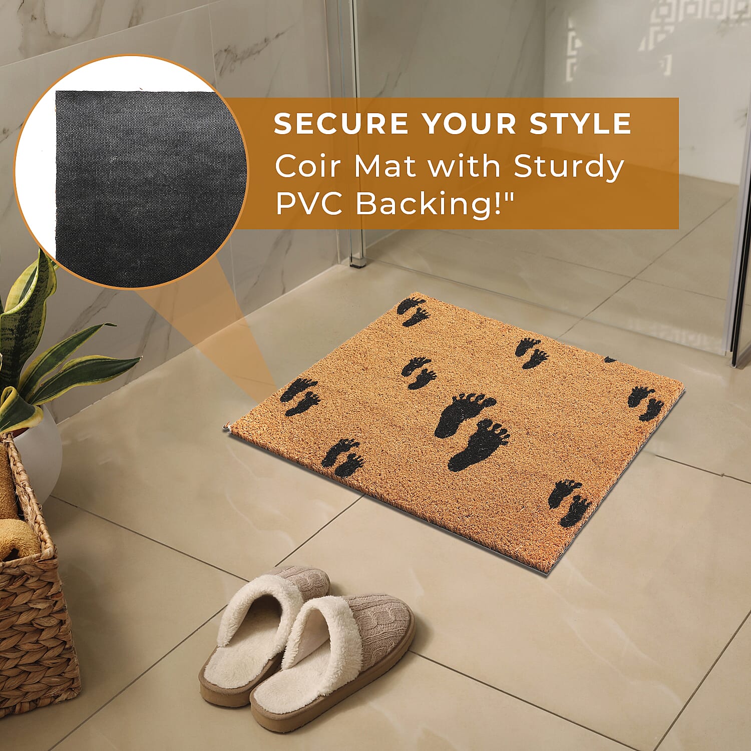 Feet Design Backed Coir Natural Printed Rug and Door Mat (Size 60x40 cm) - Brown - Black