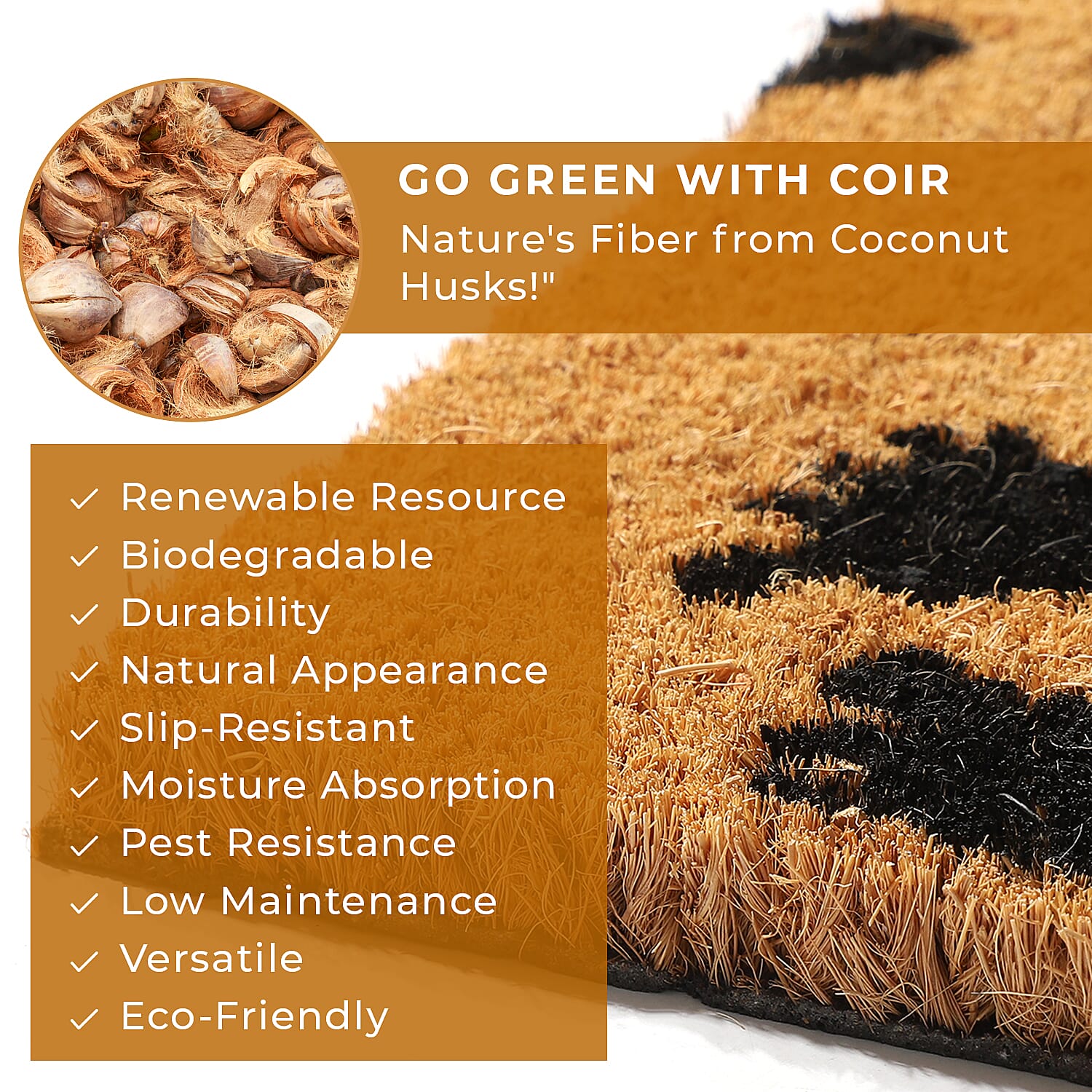 Feet Design Backed Coir Natural Printed Rug and Door Mat (Size 60x40 cm) - Brown - Black