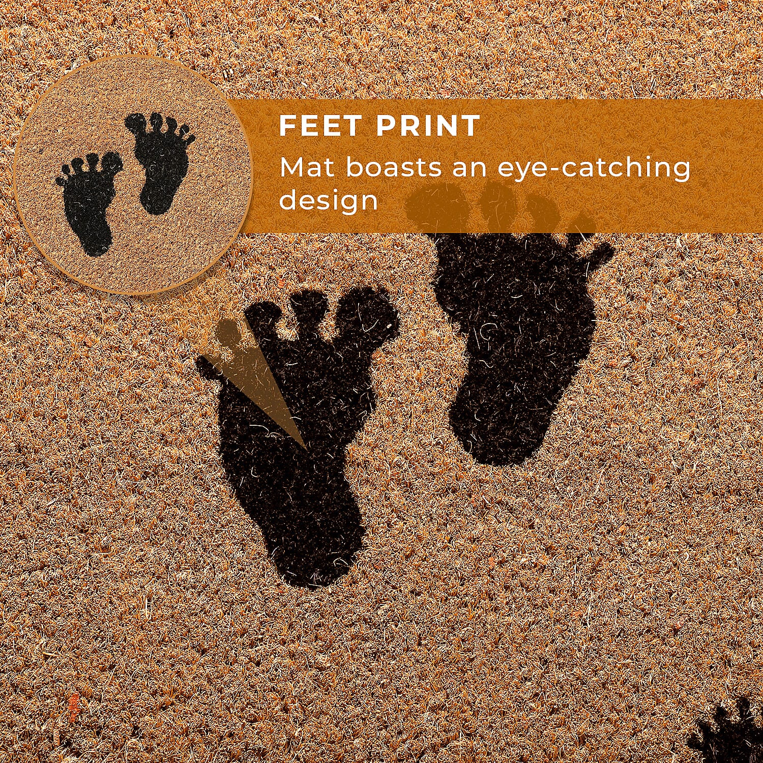 Feet Design Backed Coir Natural Printed Rug and Door Mat (Size 60x40 cm) - Brown - Black