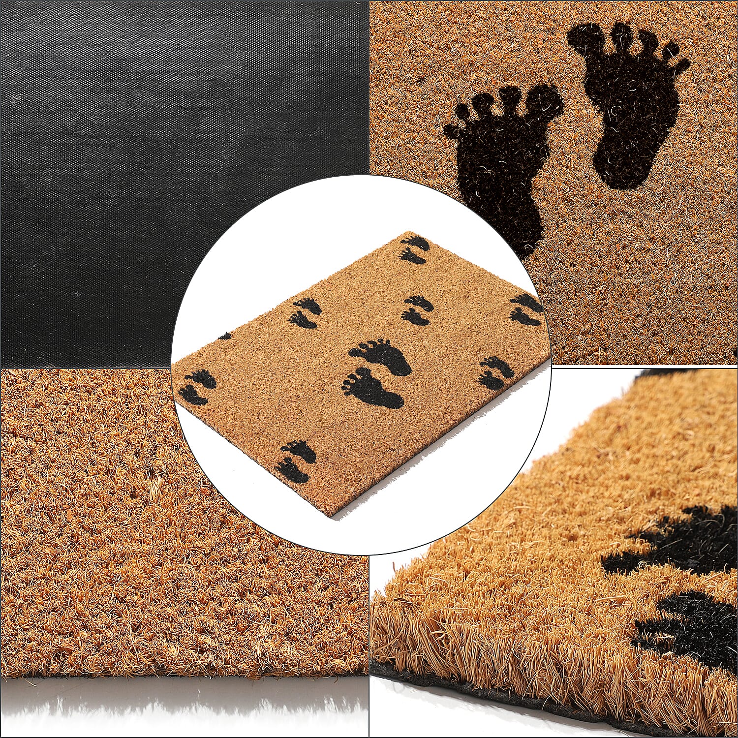 Feet Design Backed Coir Natural Printed Rug and Door Mat (Size 60x40 cm) - Brown - Black
