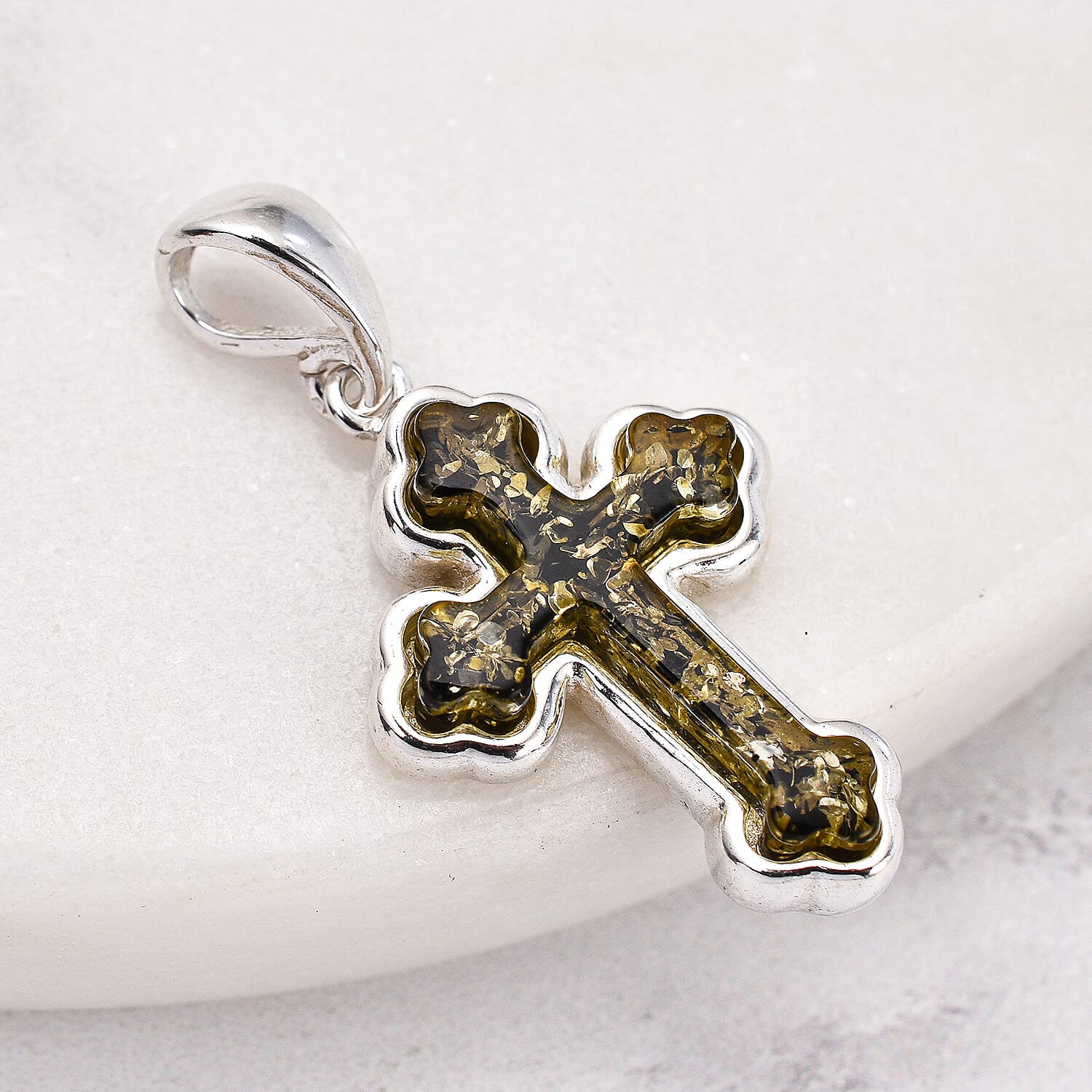 Tucson Special - Green Amber Cross Pendant in Sterling Silver
