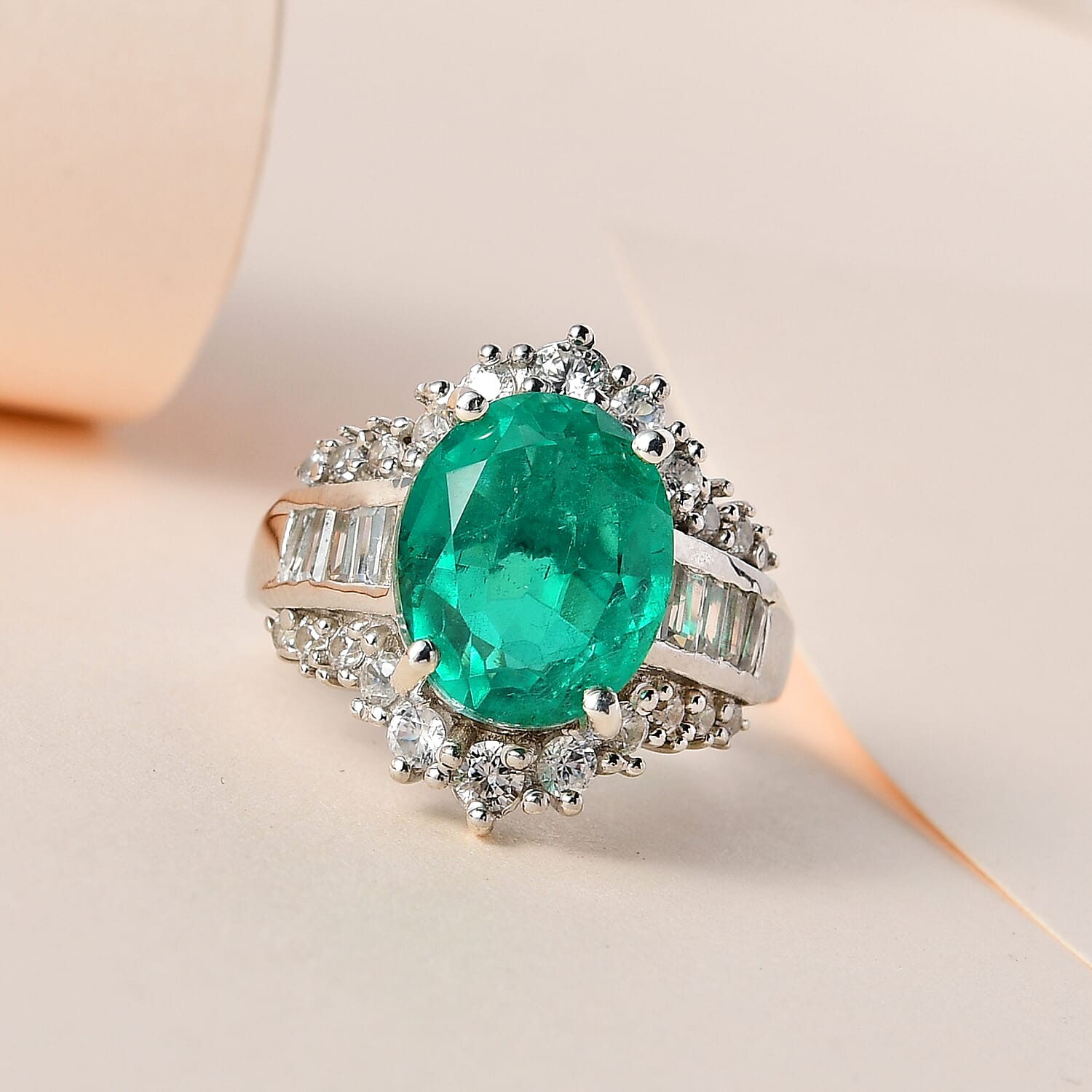 Emeraldine Triplet Quartz & Natural Zircon Ring in Platinum Overlay Sterling Silver 7.51 Ct.