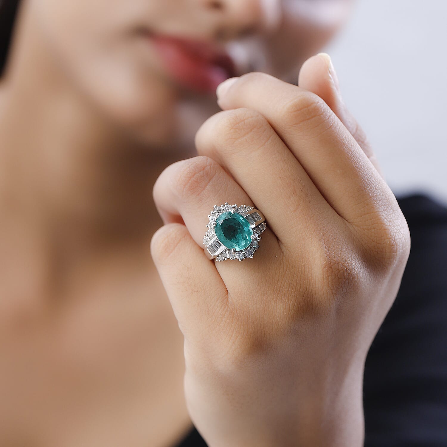 Emeraldine Triplet Quartz & Natural Zircon Ring in Platinum Overlay Sterling Silver 7.51 Ct.