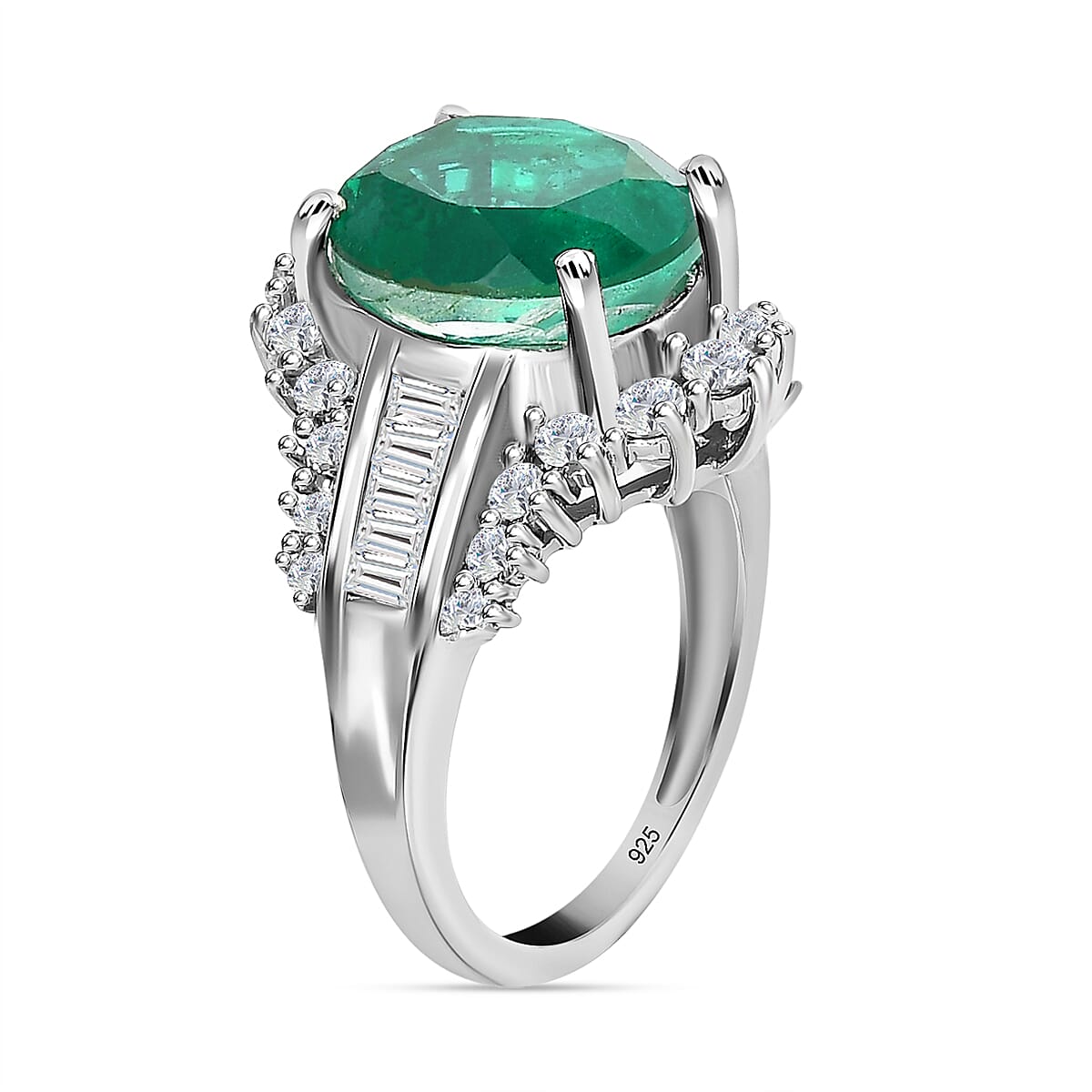 Emeraldine Triplet Quartz & Natural Zircon Ring in Platinum Overlay Sterling Silver 7.51 Ct.