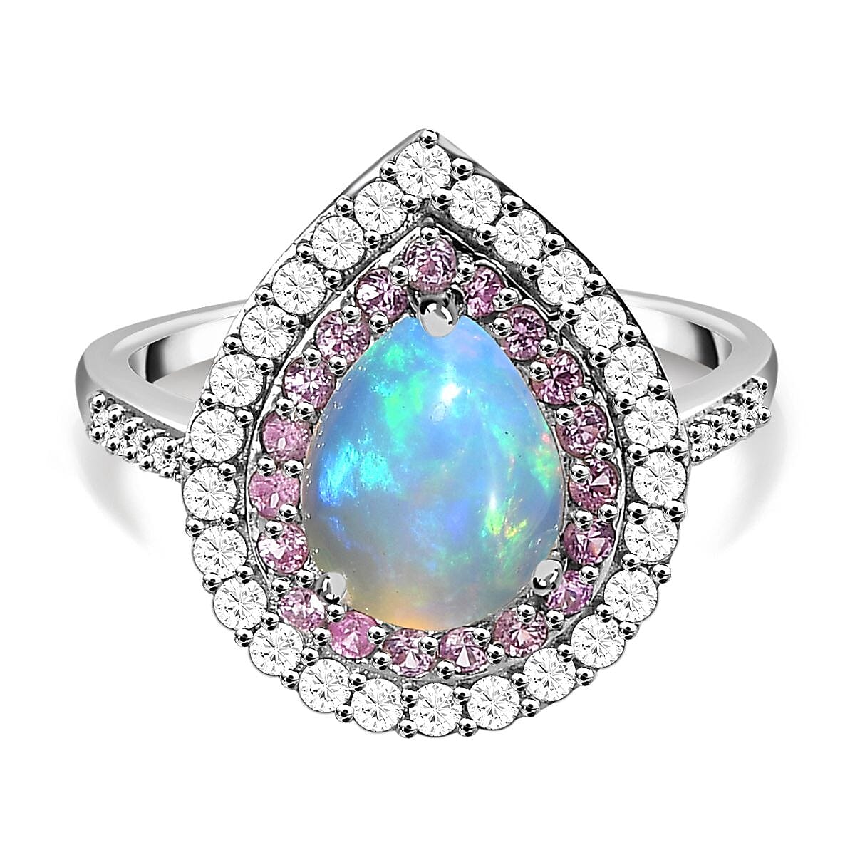 AAA Ethiopian Welo Opal, Pink Sapphire and Natural Zircon Teardrop Halo Ring in Platinum Overlay Sterling Silver 2.00 Ct