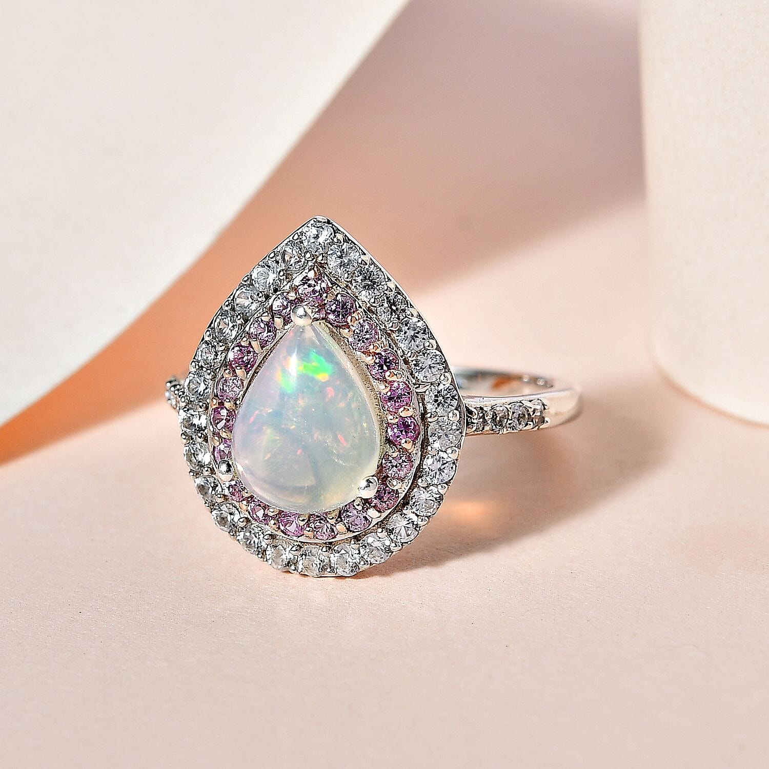 AAA Ethiopian Welo Opal, Pink Sapphire and Natural Zircon Teardrop Halo Ring in Platinum Overlay Sterling Silver 2.00 Ct