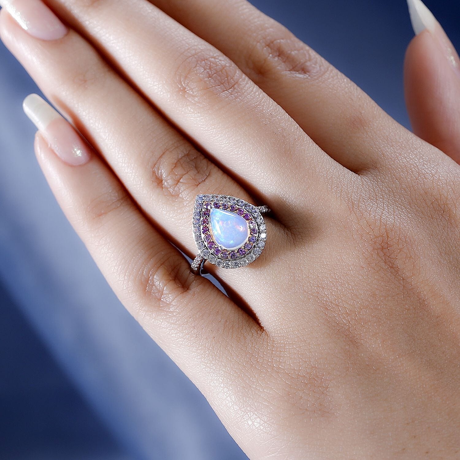 AAA Ethiopian Welo Opal, Pink Sapphire and Natural Zircon Teardrop Halo Ring in Platinum Overlay Sterling Silver 2.00 Ct