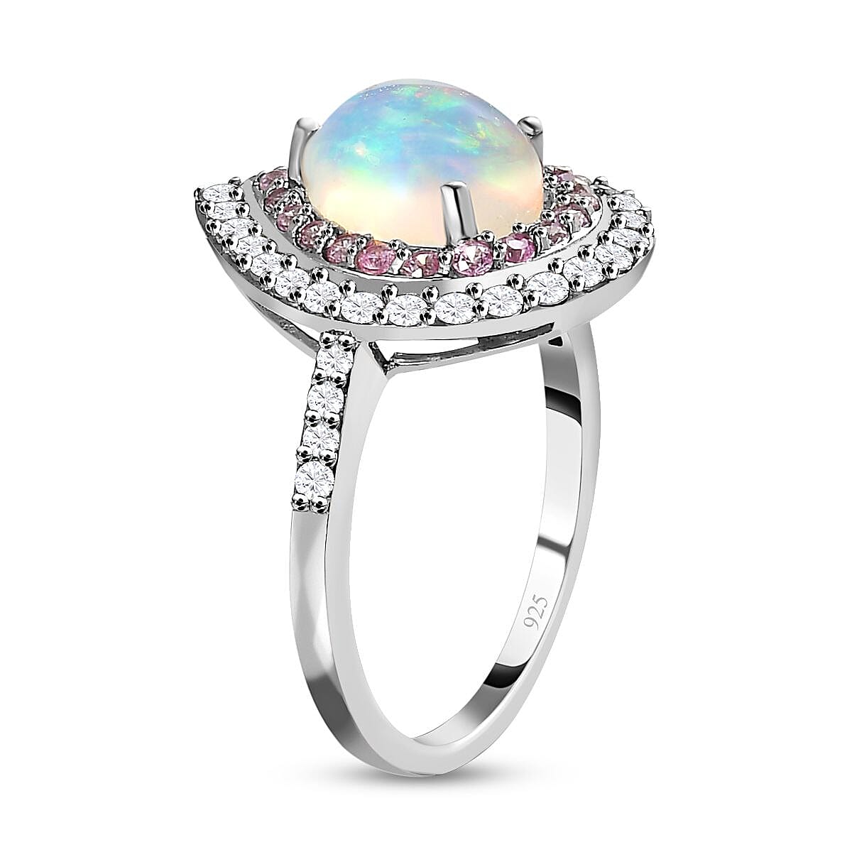 AAA Ethiopian Welo Opal, Pink Sapphire and Natural Zircon Teardrop Halo Ring in Platinum Overlay Sterling Silver 2.00 Ct