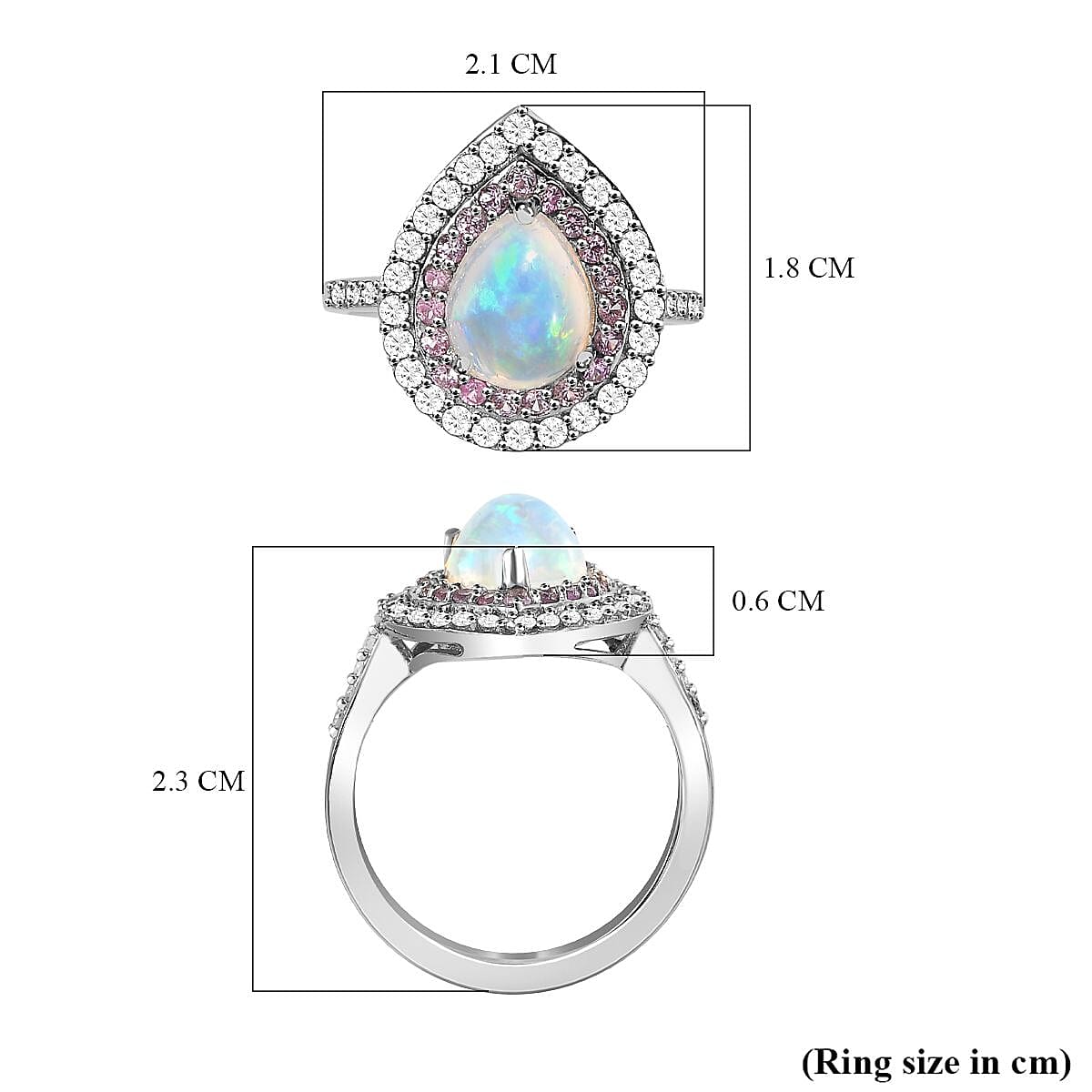 AAA Ethiopian Welo Opal, Pink Sapphire and Natural Zircon Teardrop Halo Ring in Platinum Overlay Sterling Silver 2.00 Ct