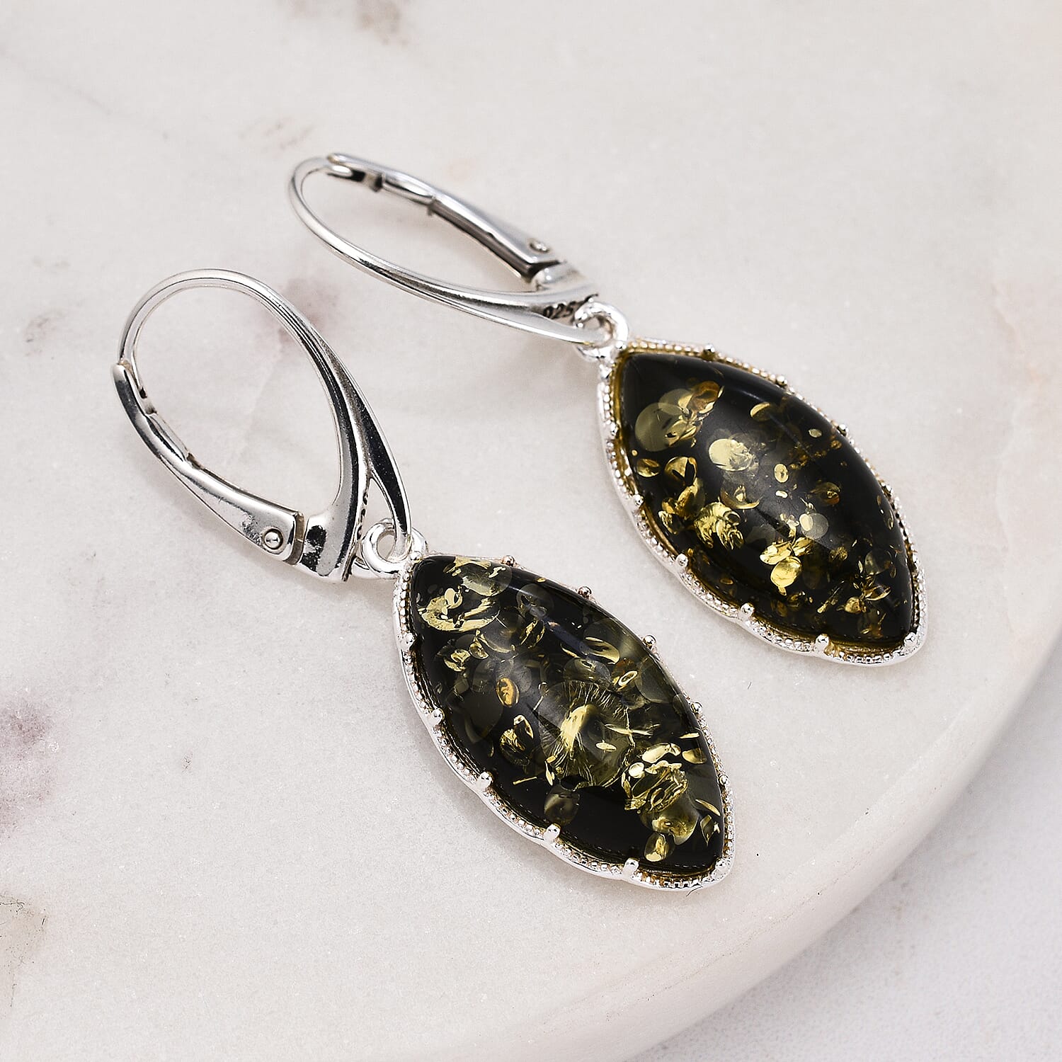 Tucson Special - Green Amber Lever Back Earrings in Sterling Silver