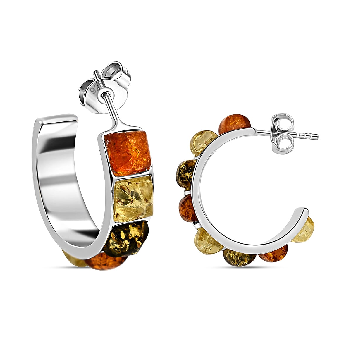 Tucson Special - Multi Colour Amber Half Hoop Earrings in Sterling Silver