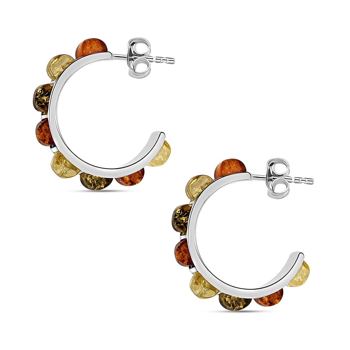 Tucson Special - Multi Colour Amber Half Hoop Earrings in Sterling Silver