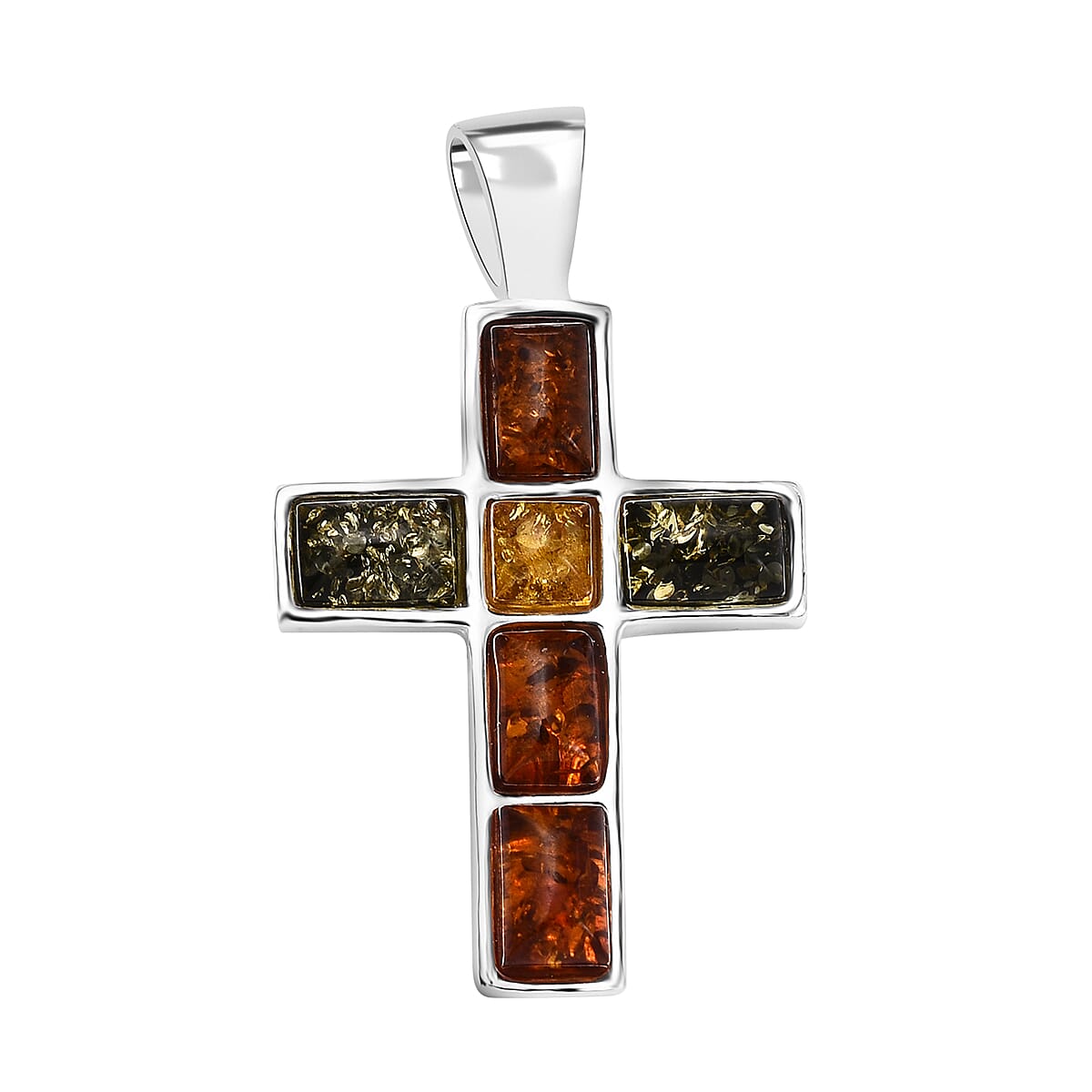 Tucson Special - Multi Colour Amber Cross Pendant in Sterling Silver