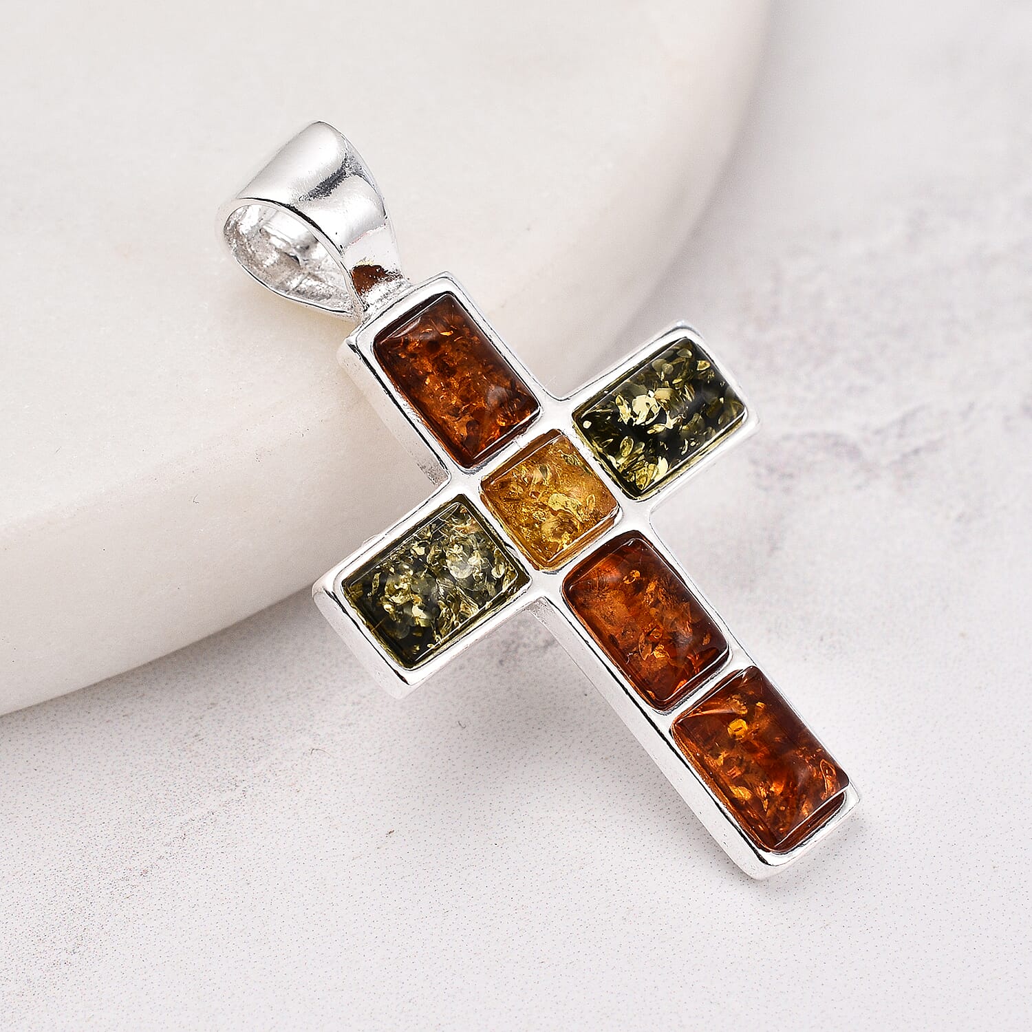 Tucson Special - Multi Colour Amber Cross Pendant in Sterling Silver