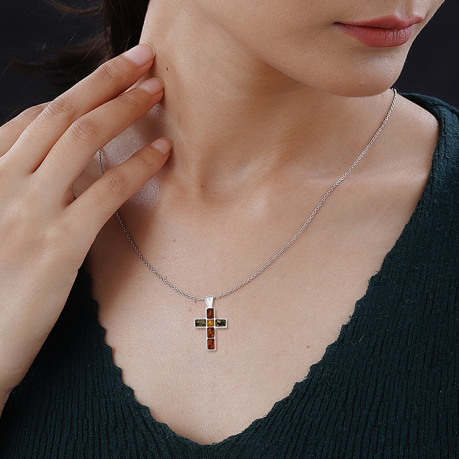 Tucson Special - Multi Colour Amber Cross Pendant in Sterling Silver