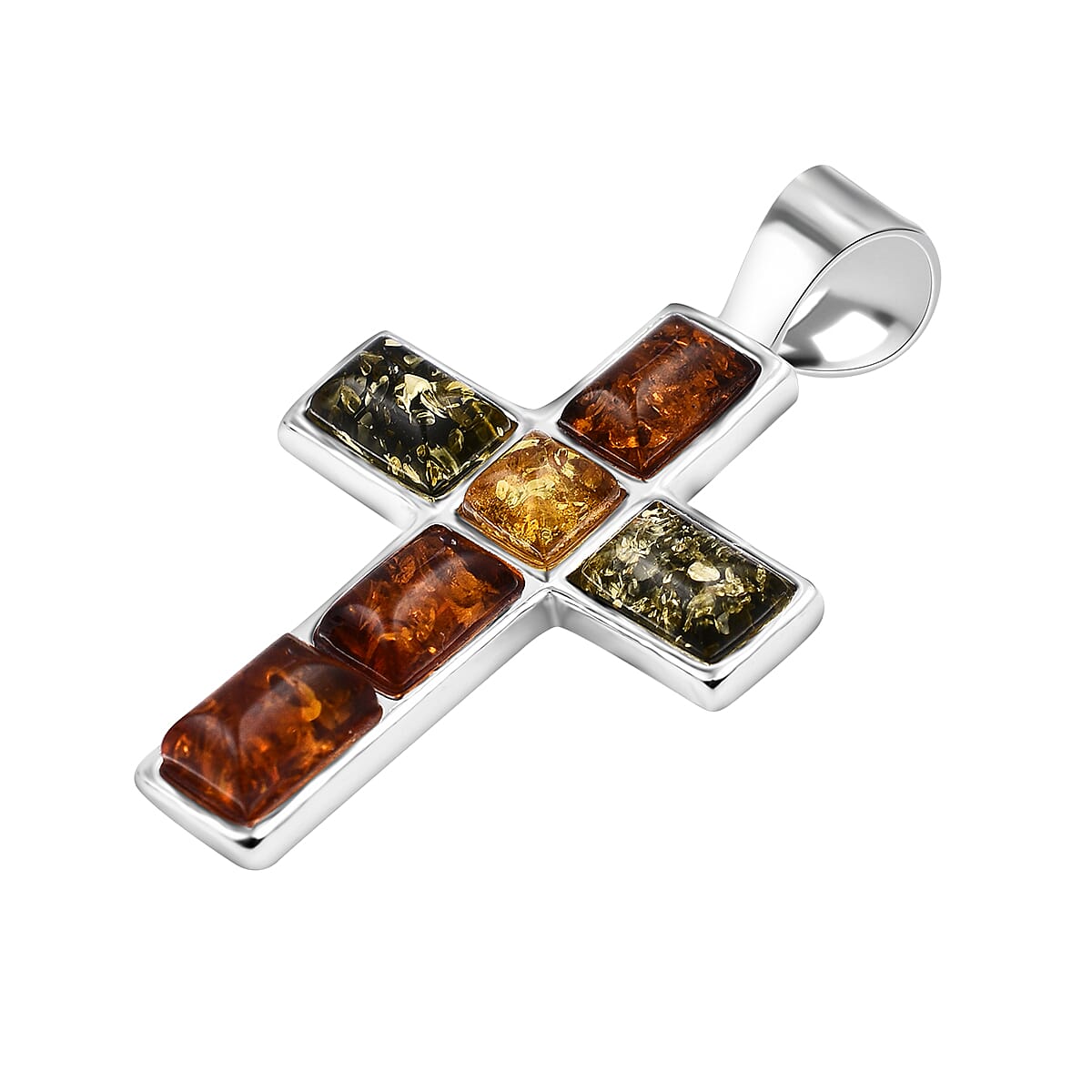 Tucson Special - Multi Colour Amber Cross Pendant in Sterling Silver