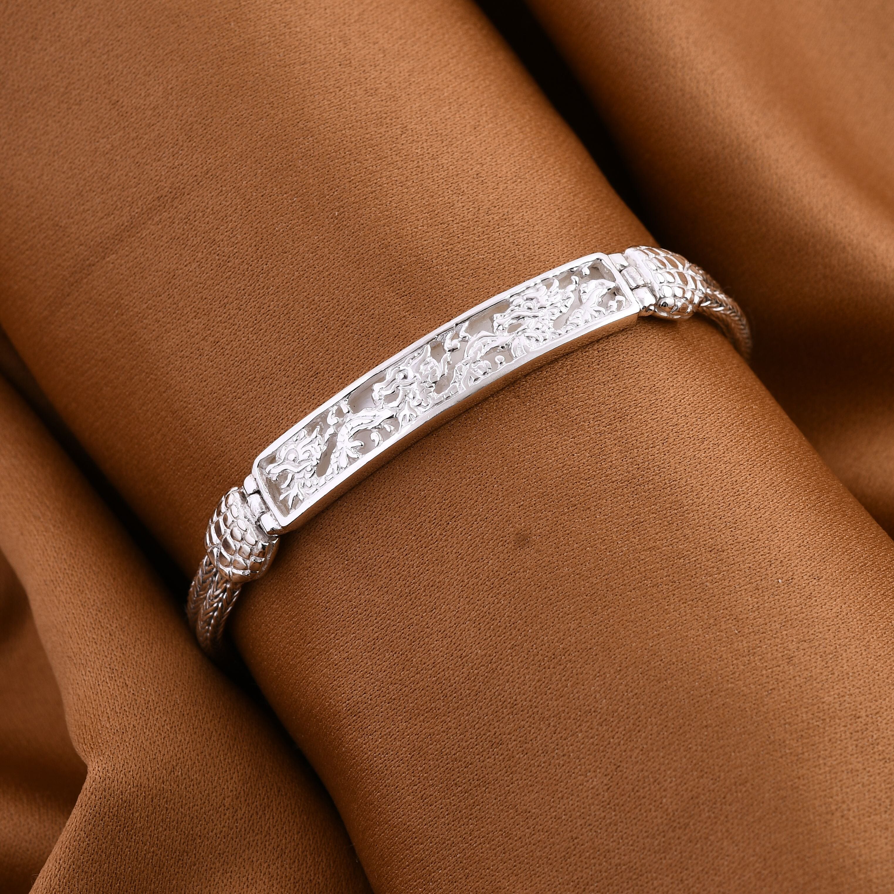 Iconic Collection Royal Bali Collection - Sterling Silver Dragon Bracelet (Size-7.5) With T-Bar Clasp, Silver Wt 15.00 GM