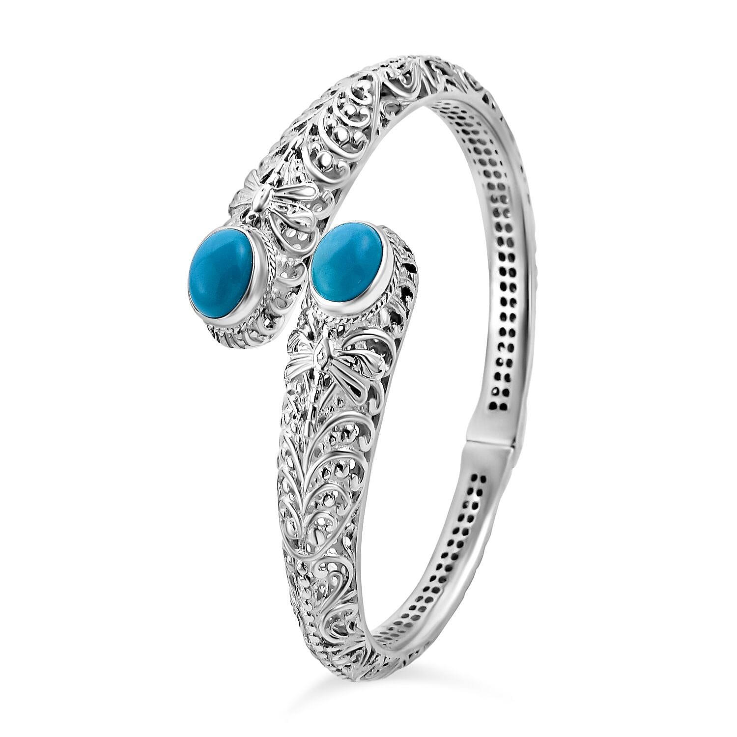 Royal Bali Collection- The Sacred Dragonfly Bangle with Arizona Sleeping Beauty Turquoise in Sterling Silver, Silver Wt. 31.00 Gms