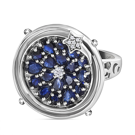 GP Celestial Collection - Masoala Sapphire & Natural Zircon Moving Star Ring in Platinum Overlay Sterling Silver 3.62 Ct, Silver Wt. 8.81 Gms