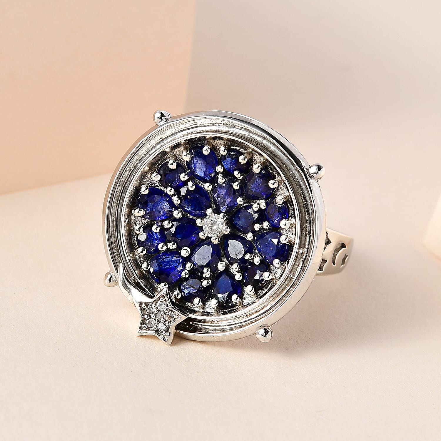 GP Celestial Collection - Masoala Sapphire & Natural Zircon Moving Star Ring in Platinum Overlay Sterling Silver 3.62 Ct, Silver Wt. 8.81 Gms