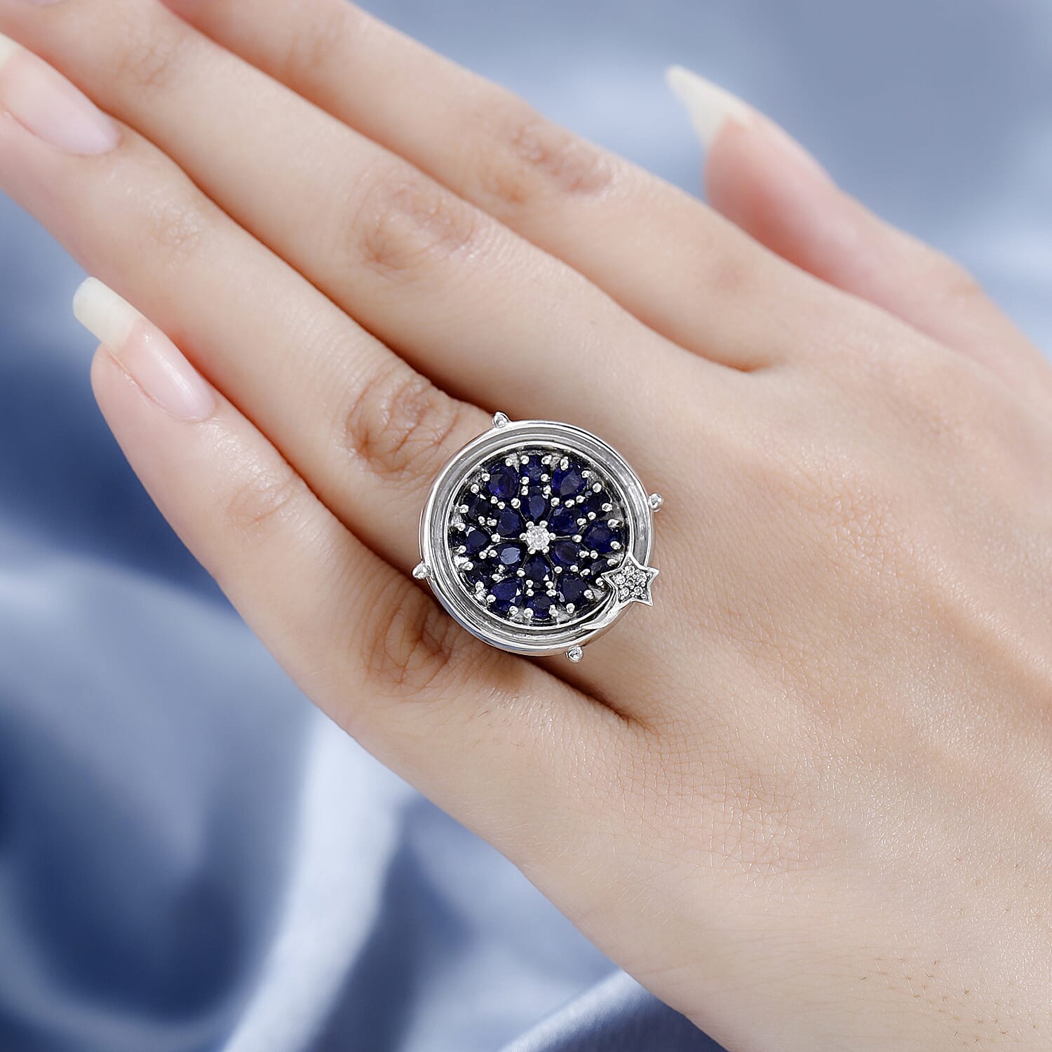 GP Celestial Collection - Masoala Sapphire & Natural Zircon Moving Star Ring in Platinum Overlay Sterling Silver 3.62 Ct, Silver Wt. 8.81 Gms