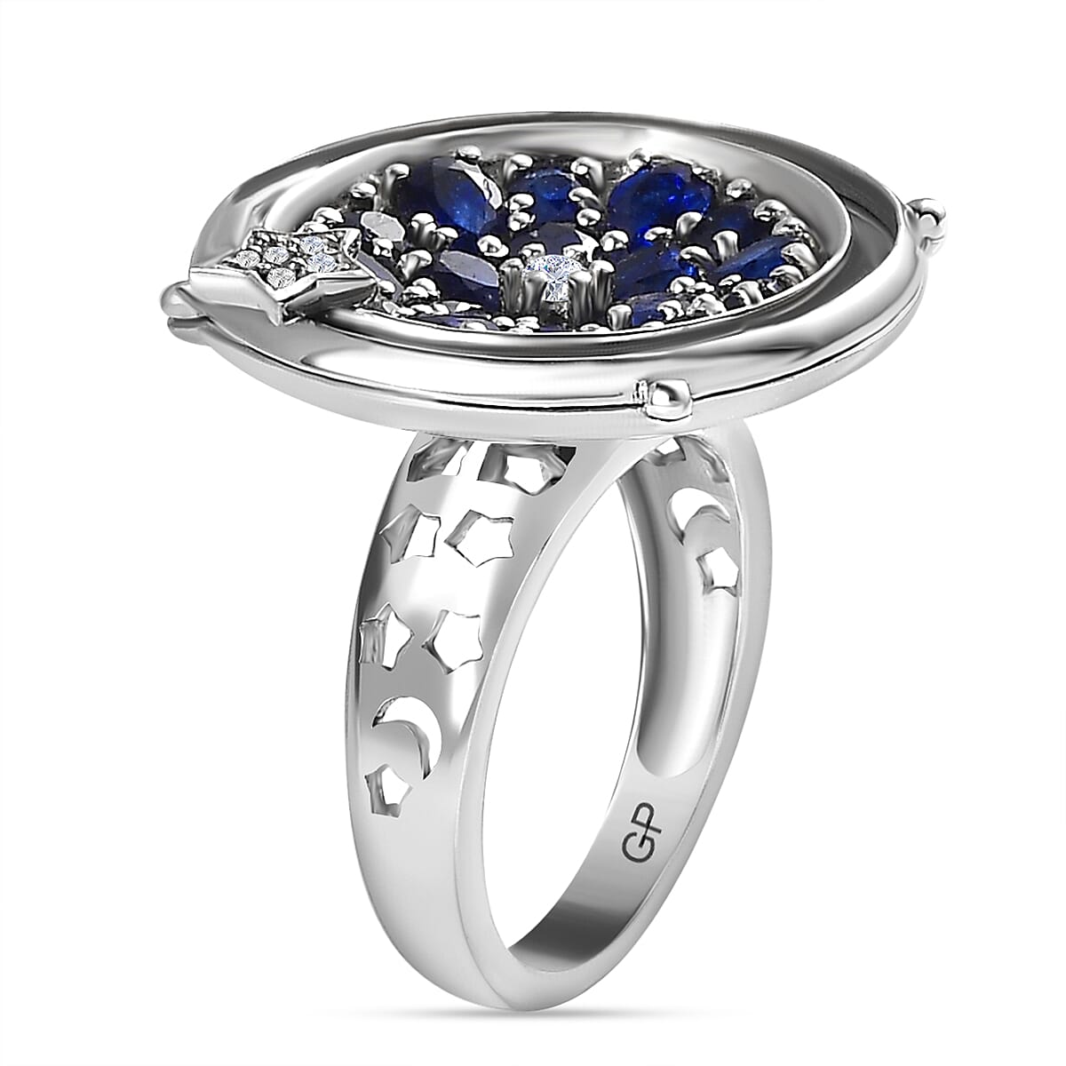 GP Celestial Collection - Masoala Sapphire & Natural Zircon Moving Star Ring in Platinum Overlay Sterling Silver 3.62 Ct, Silver Wt. 8.81 Gms