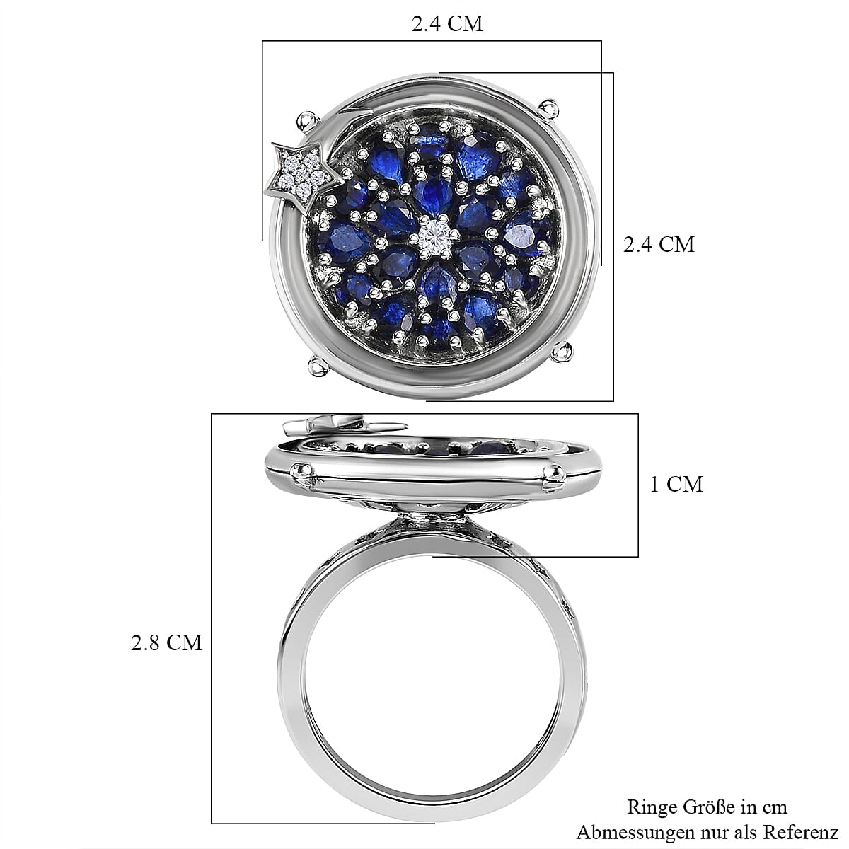 GP Celestial Collection - Masoala Sapphire & Natural Zircon Moving Star Ring in Platinum Overlay Sterling Silver 3.62 Ct, Silver Wt. 8.81 Gms