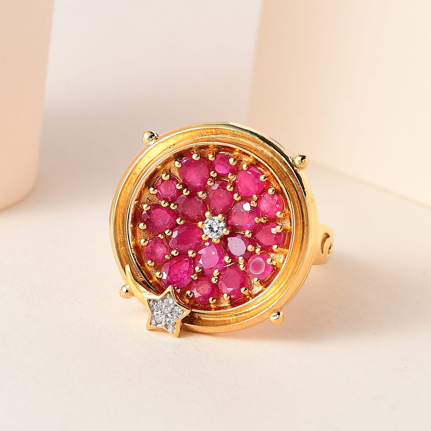 GP Celestial Collection - African Ruby & Natural Zircon Moving Star Ring in 18K Yellow Gold Vermeil Plated Sterling Silver 3.36 Ct, Silver Wt. 7.84 Gms