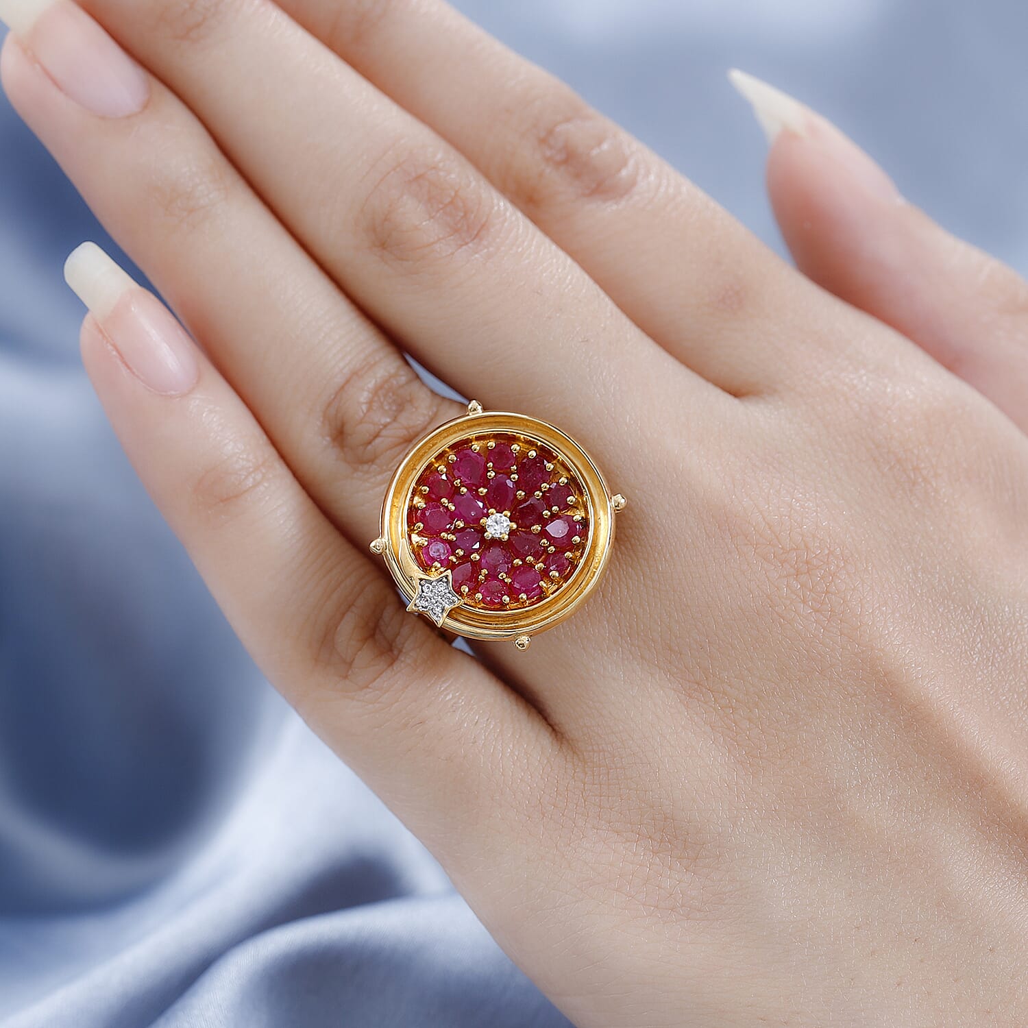 GP Celestial Collection - African Ruby & Natural Zircon Moving Star Ring in 18K Yellow Gold Vermeil Plated Sterling Silver 3.36 Ct, Silver Wt. 7.84 Gms