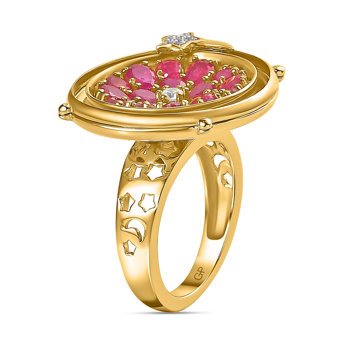 GP Celestial Collection - African Ruby & Natural Zircon Moving Star Ring in 18K Yellow Gold Vermeil Plated Sterling Silver 3.36 Ct, Silver Wt. 7.84 Gms