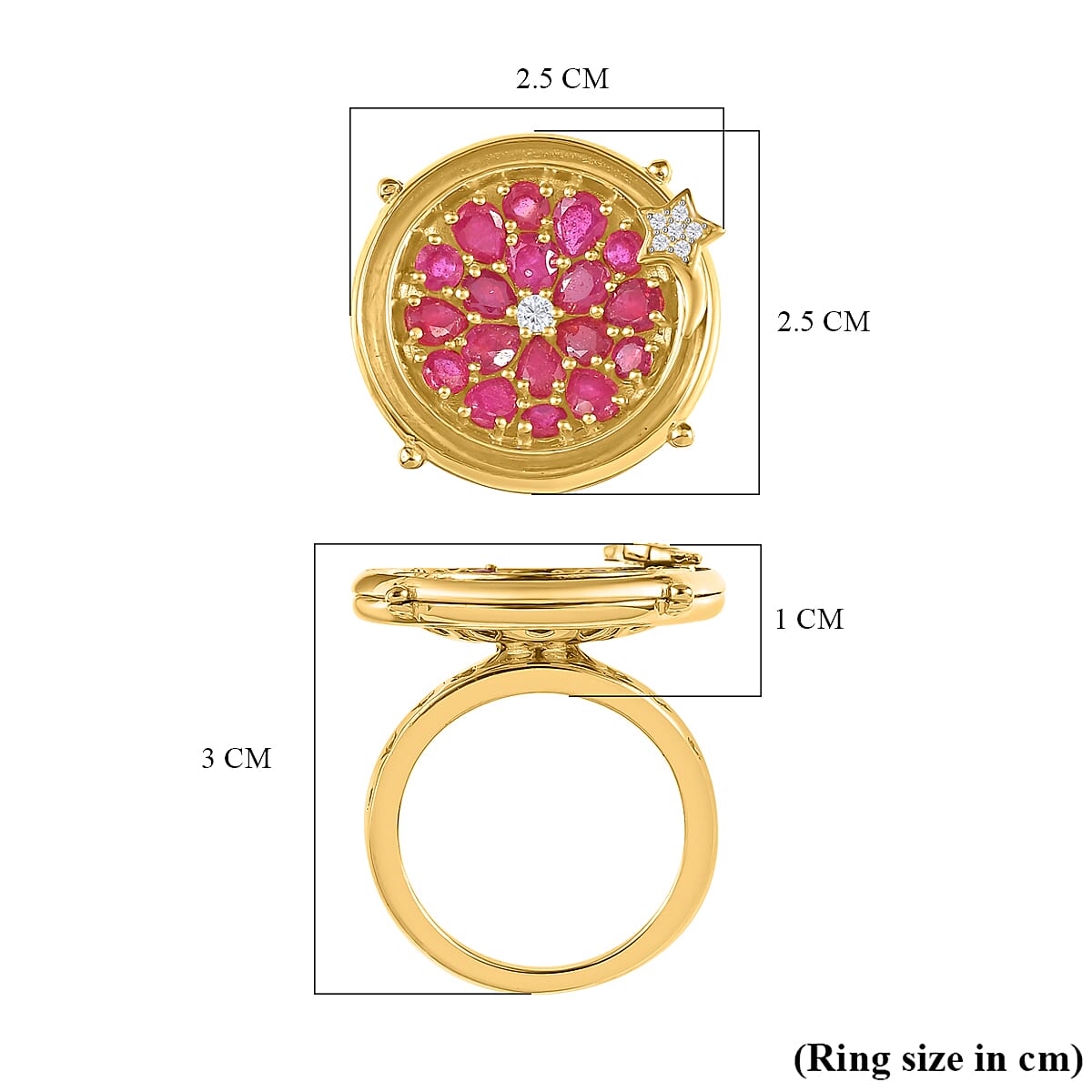 GP Celestial Collection - African Ruby & Natural Zircon Moving Star Ring in 18K Yellow Gold Vermeil Plated Sterling Silver 3.36 Ct, Silver Wt. 7.84 Gms