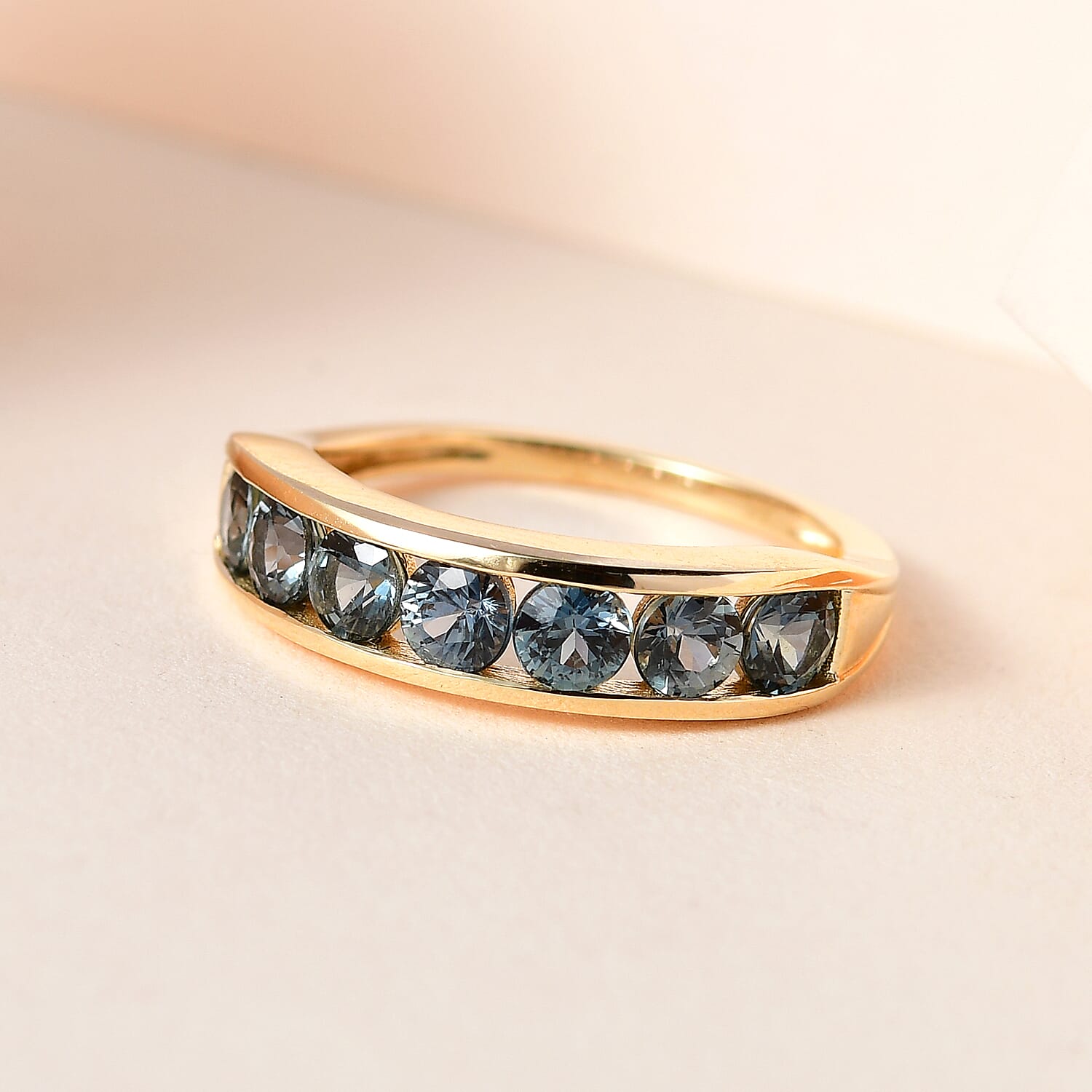 9K Yellow Gold Australian Teal Sapphire Half-Eternity Ring 1.44 Ct.