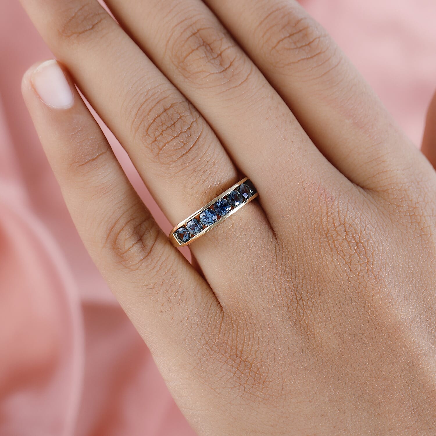 9K Yellow Gold Australian Teal Sapphire Half-Eternity Ring 1.44 Ct.