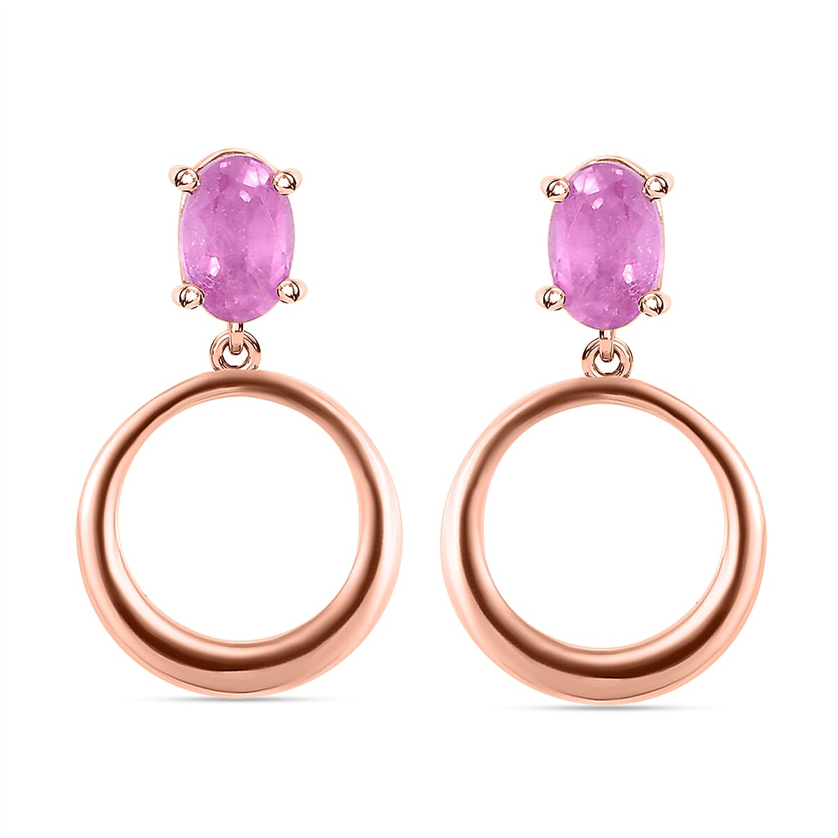 Hot Pink Sapphire Solitaire Dangle Earrings in Rose Gold Overlay Sterling Silver 1.20 Ct