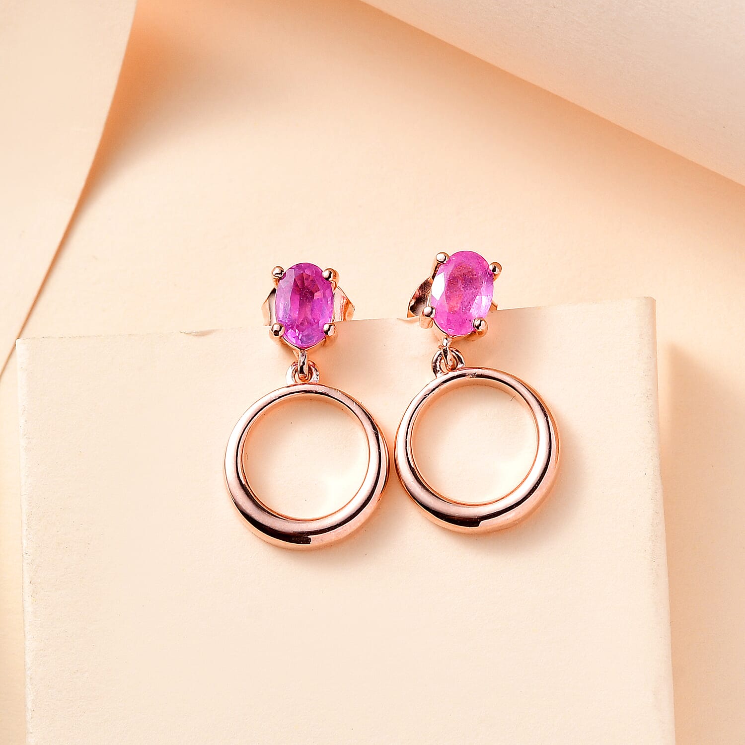 Hot Pink Sapphire Solitaire Dangle Earrings in Rose Gold Overlay Sterling Silver 1.20 Ct