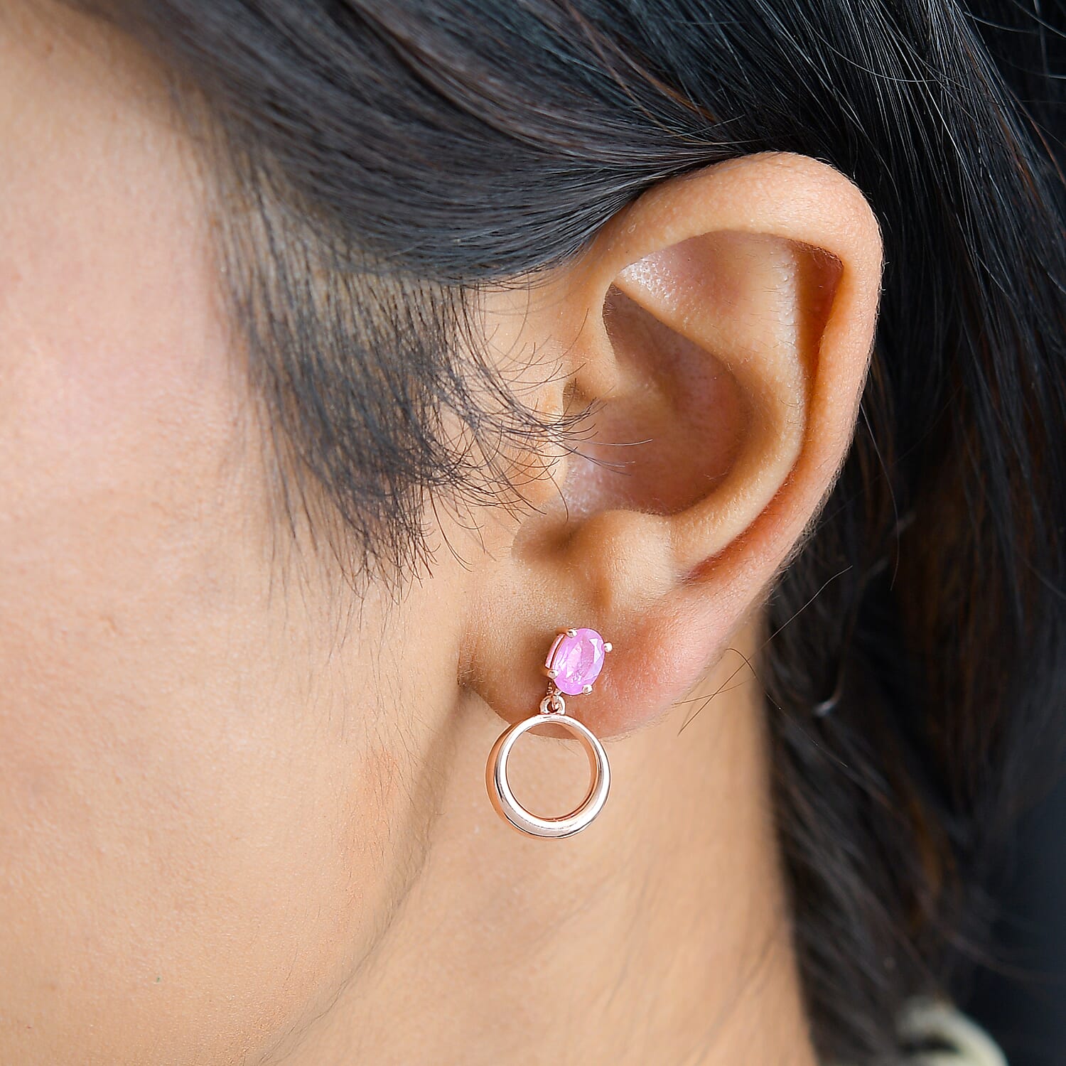 Hot Pink Sapphire Solitaire Dangle Earrings in Rose Gold Overlay Sterling Silver 1.20 Ct