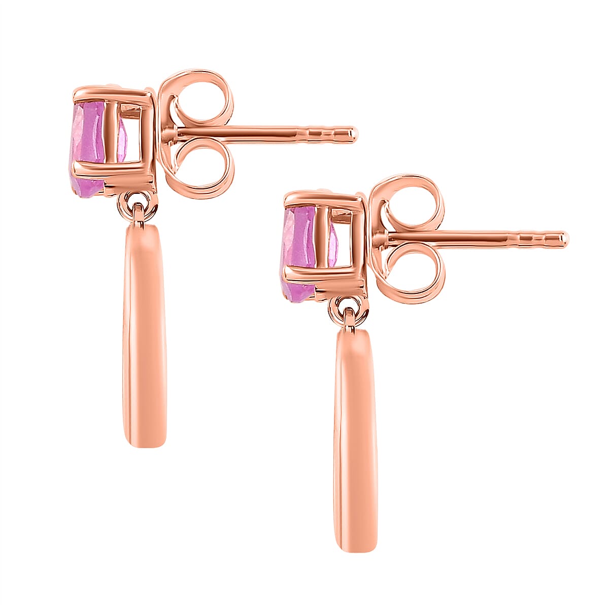Hot Pink Sapphire Solitaire Dangle Earrings in Rose Gold Overlay Sterling Silver 1.20 Ct