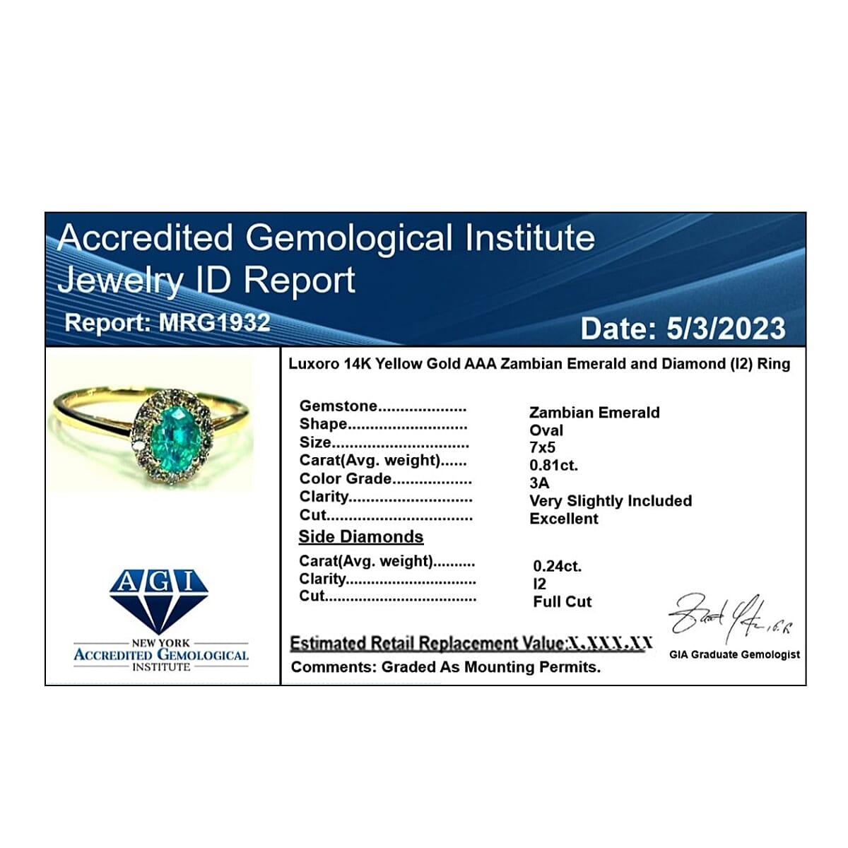 14K Yellow Gold  AAA   Zambian Emerald ,  White Diamond  I2 Ring 1.05 ct,  Gold Wt. 2.66 Gms  1.050  Ct.