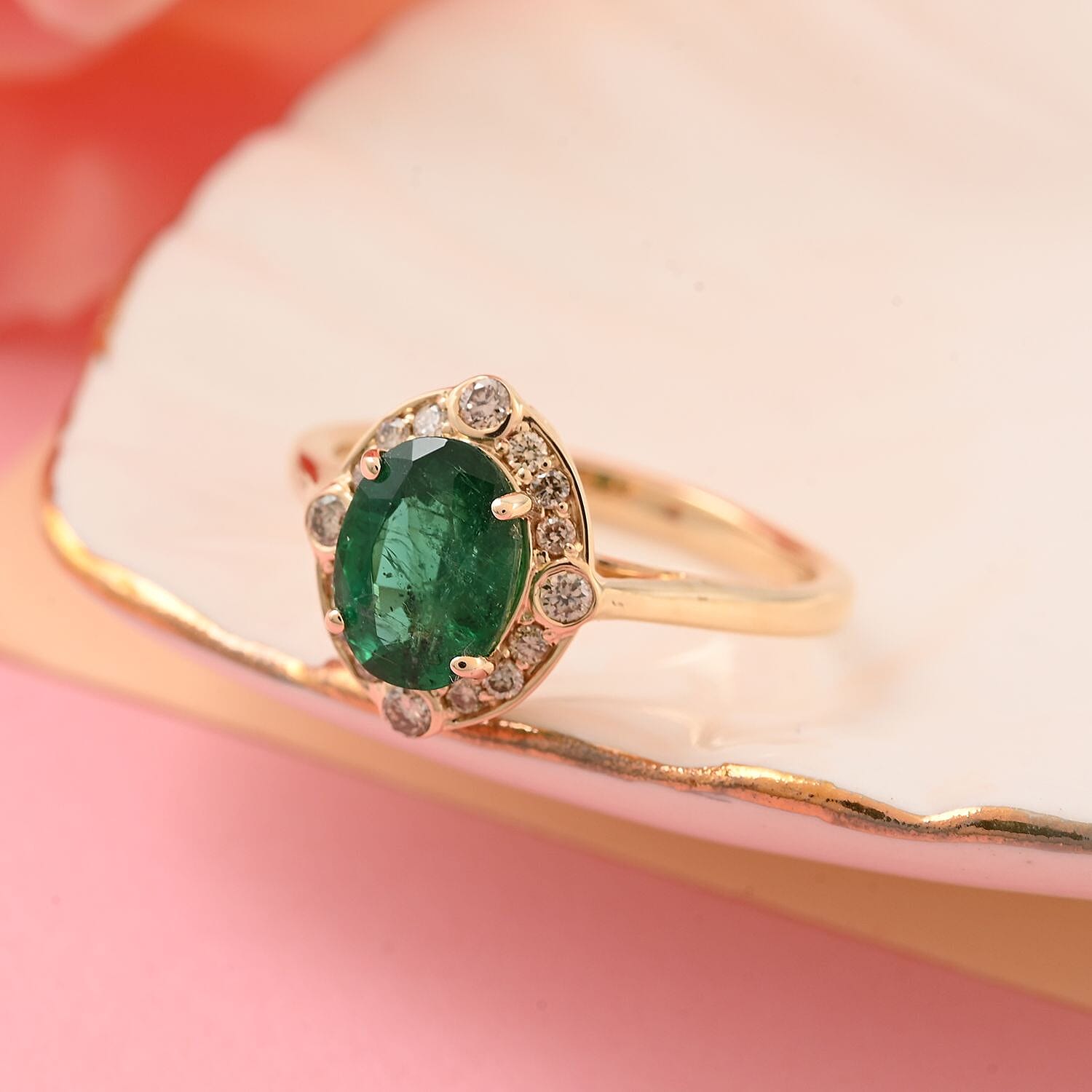 14K Yellow Gold  AGI Certified AAA  Zambian Emerald Diamond (I2-G-H) Ring 1.35 Ct.