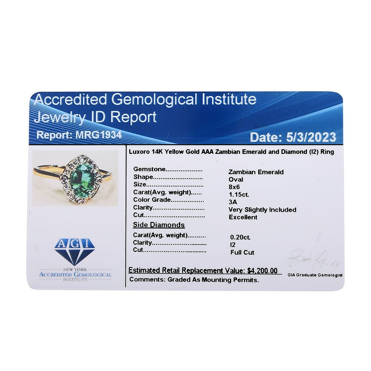 14K Yellow Gold  AGI Certified AAA  Zambian Emerald Diamond (I2-G-H) Ring 1.35 Ct.