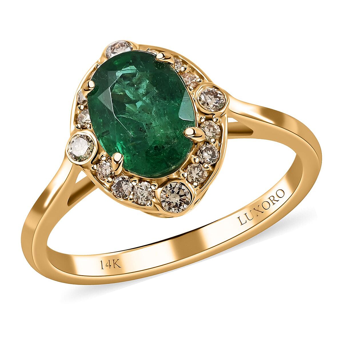 14K Yellow Gold  AGI Certified AAA  Zambian Emerald Diamond (I2-G-H) Ring 1.35 Ct.