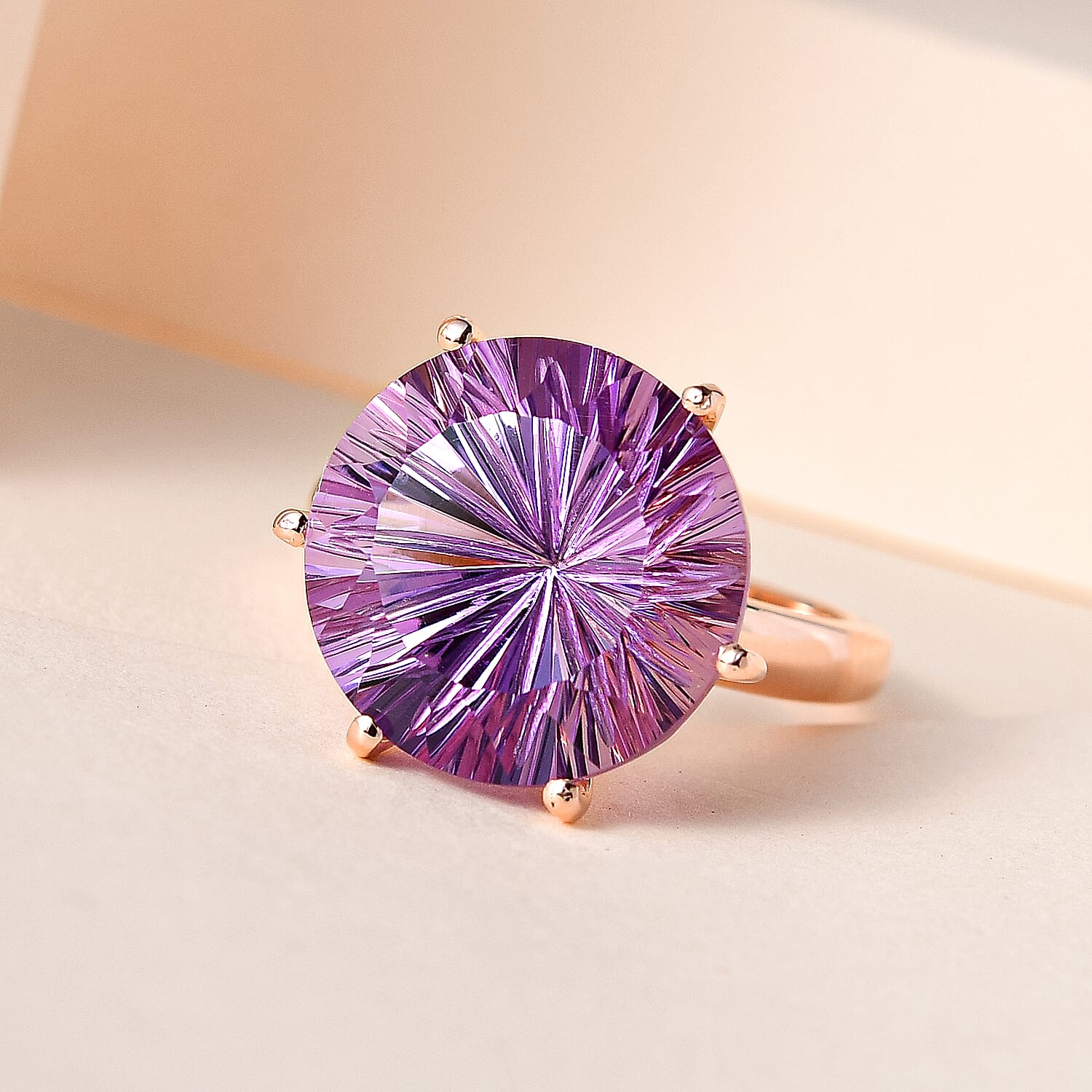 Hanabi Cut Ultimate Rose De France Amethyst Ring in 18K Vermeil Rose Gold Plated Sterling Silver 9.49 Ct.