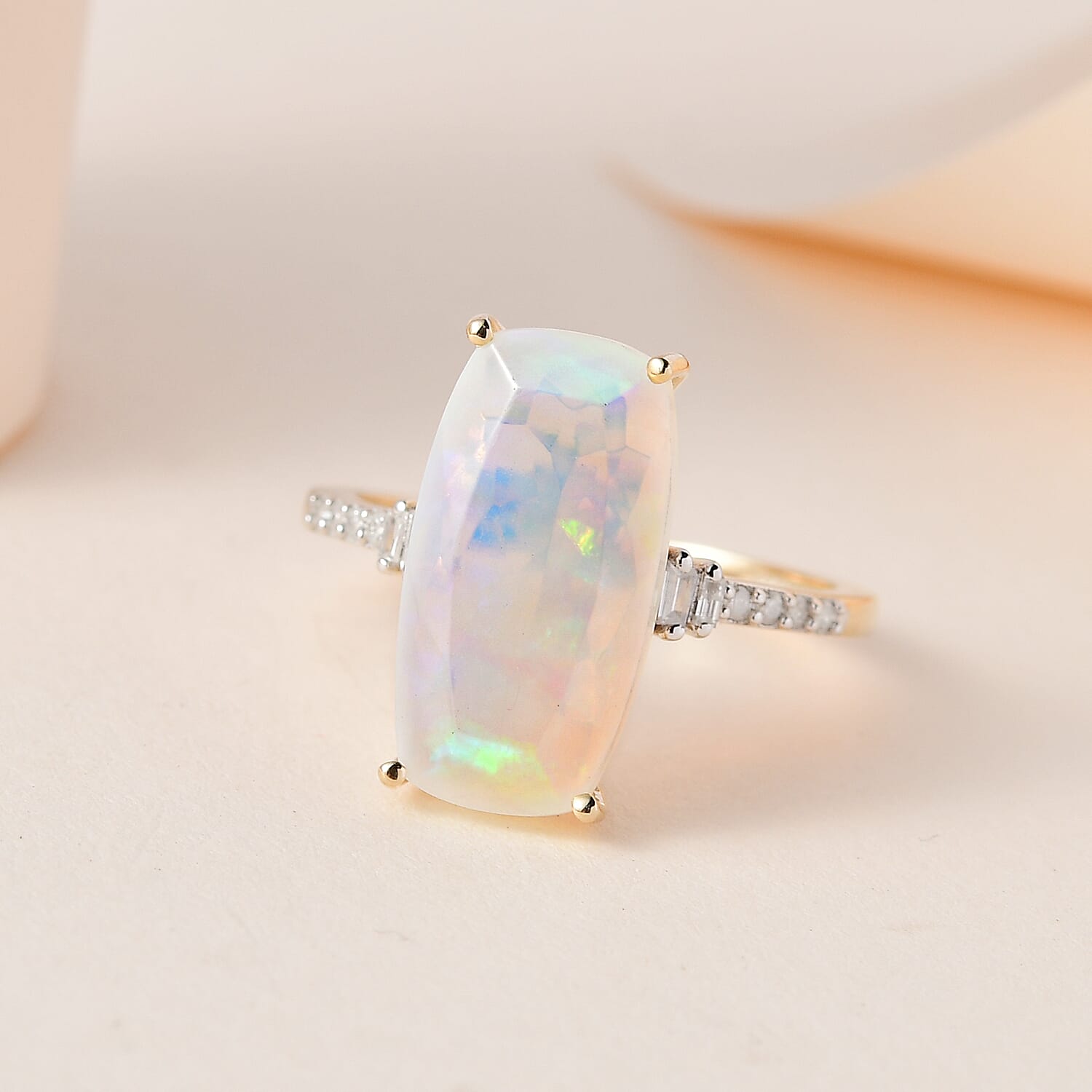9K Yellow Gold Ethiopian Welo Opal and Diamond Ring 3.44 Ct.