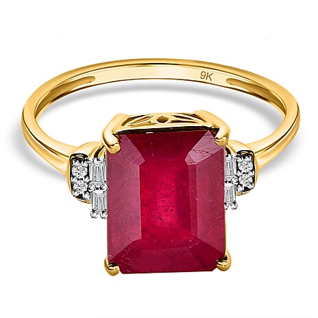 9K Yellow Gold African Ruby and Diamond Solitaire Ring 4.96 Ct