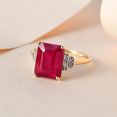 9K Yellow Gold African Ruby and Diamond Solitaire Ring 4.96 Ct